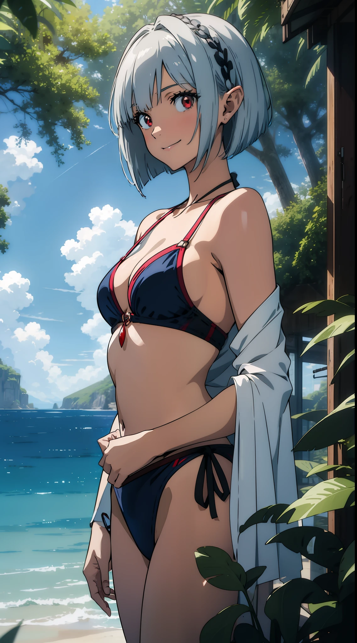 1 girl closeup, swimsuit, bikini, elf, silver hair, red eyes, bob cut, smiling, concept art, official art, beautiful anime scene, beautiful anime landscape, anime landscape