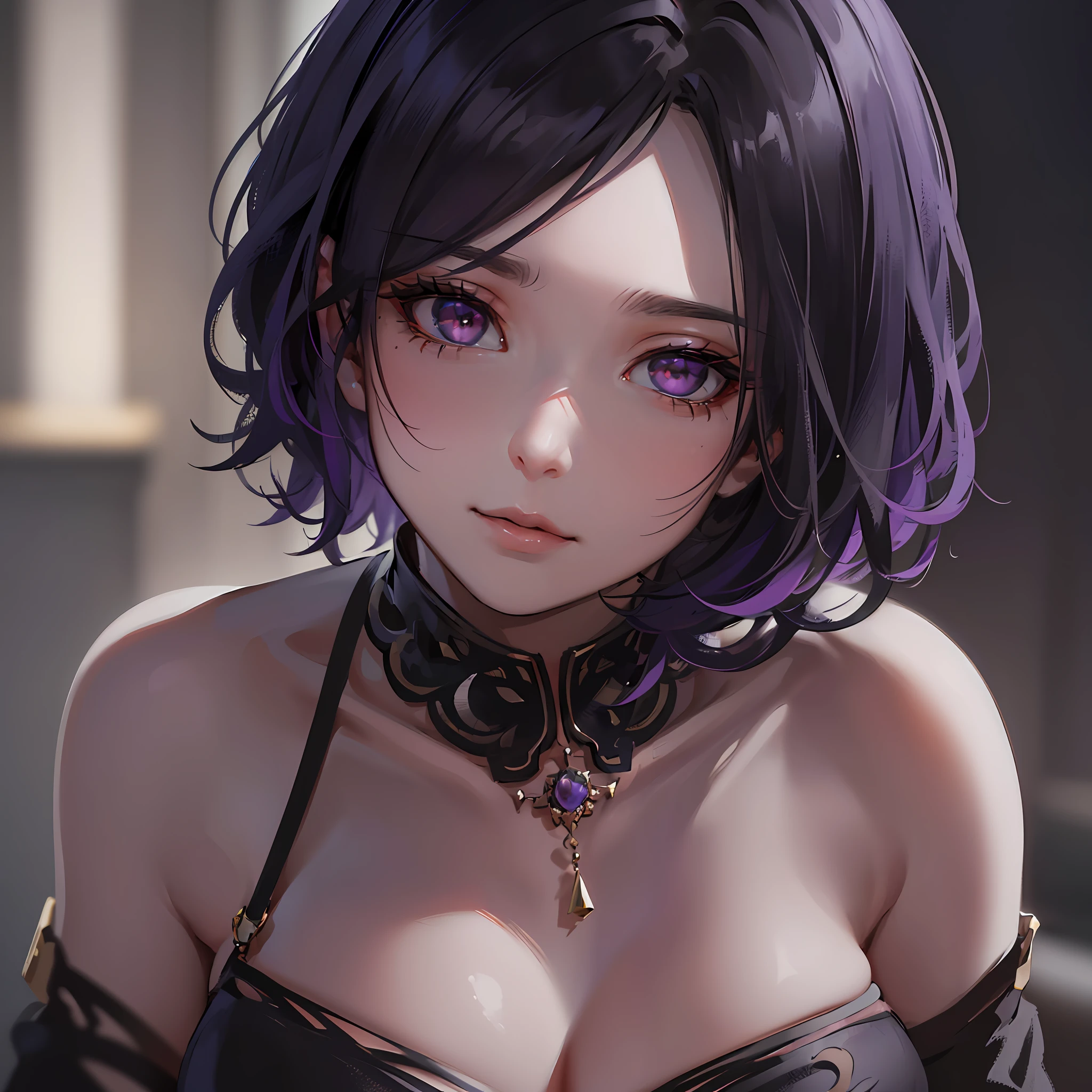 masterpiece, realistic, detailed eyes, detailed pupil, beautiful, looking at the viewer, subtle lighting, depth of field, film grain, 20yo, female, solo, (massive breasts: 1.2), small neckline, ((short black hair asymmetrical undercut with purple stir)), tight dark purple dress, black goth chok... --auto --s2