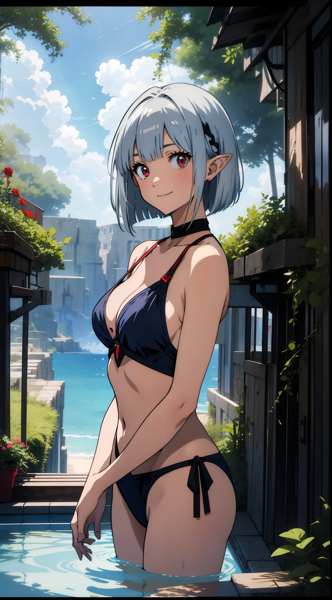 1 girl closeup, swimsuit, bikini, elf, silver hair, red eyes, bob cut, smiling, concept art, official art, beautiful anime scene, beautiful anime landscape, anime landscape