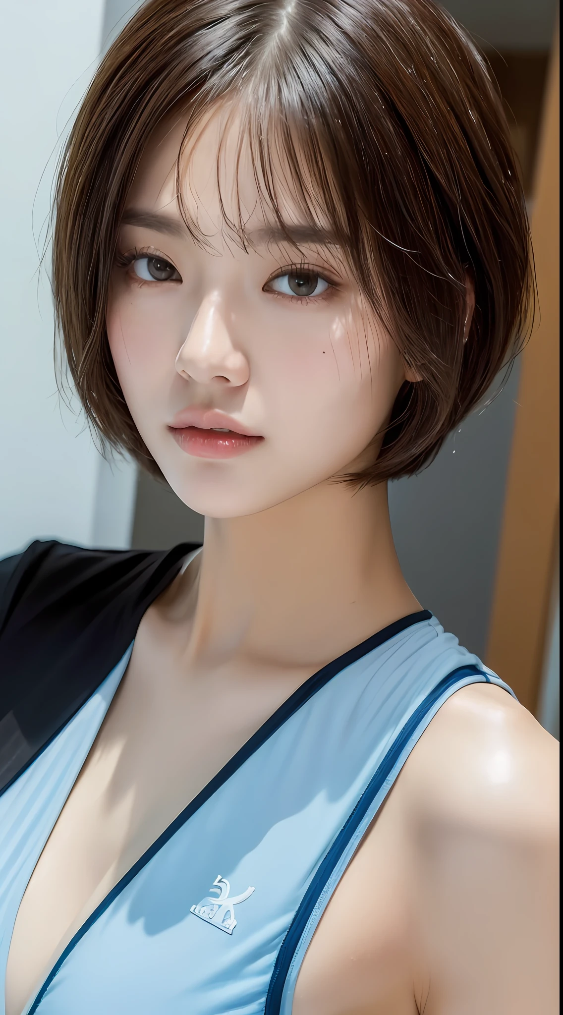 ((Top Quality, 8k, Masterpiece: 1.3)), 1 Woman, Slender Swimsuit Highlighted Beautiful Girl: 1.3, (Short Hairstyle, Big: 1.2), Plain Clothes: 1.2, Indoors, Ultra Detailed Face, Detailed Eyes, Double Eyelids