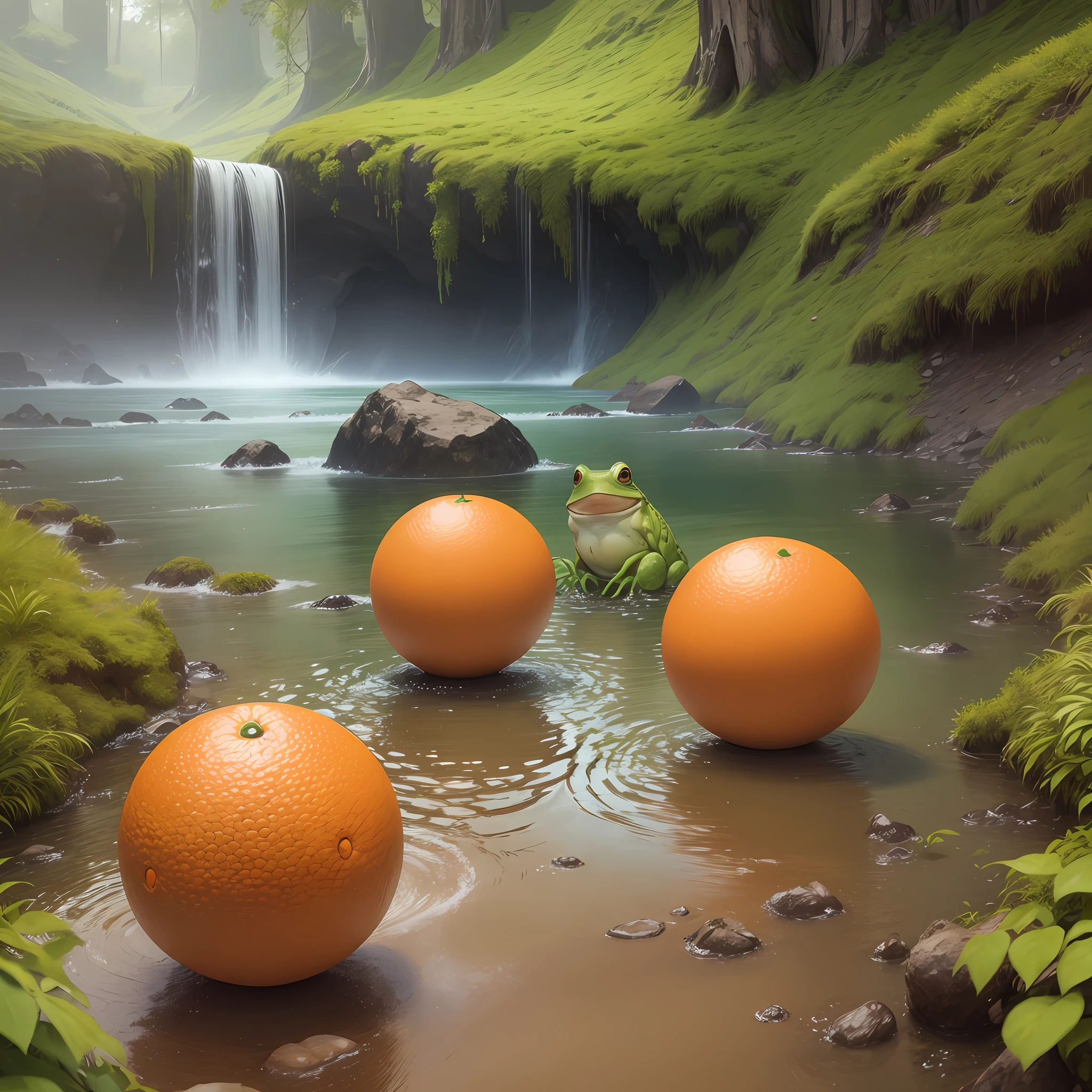 Make orange balls in a landscape with animated model same as done previous put a frog in the image .also --auto --s2