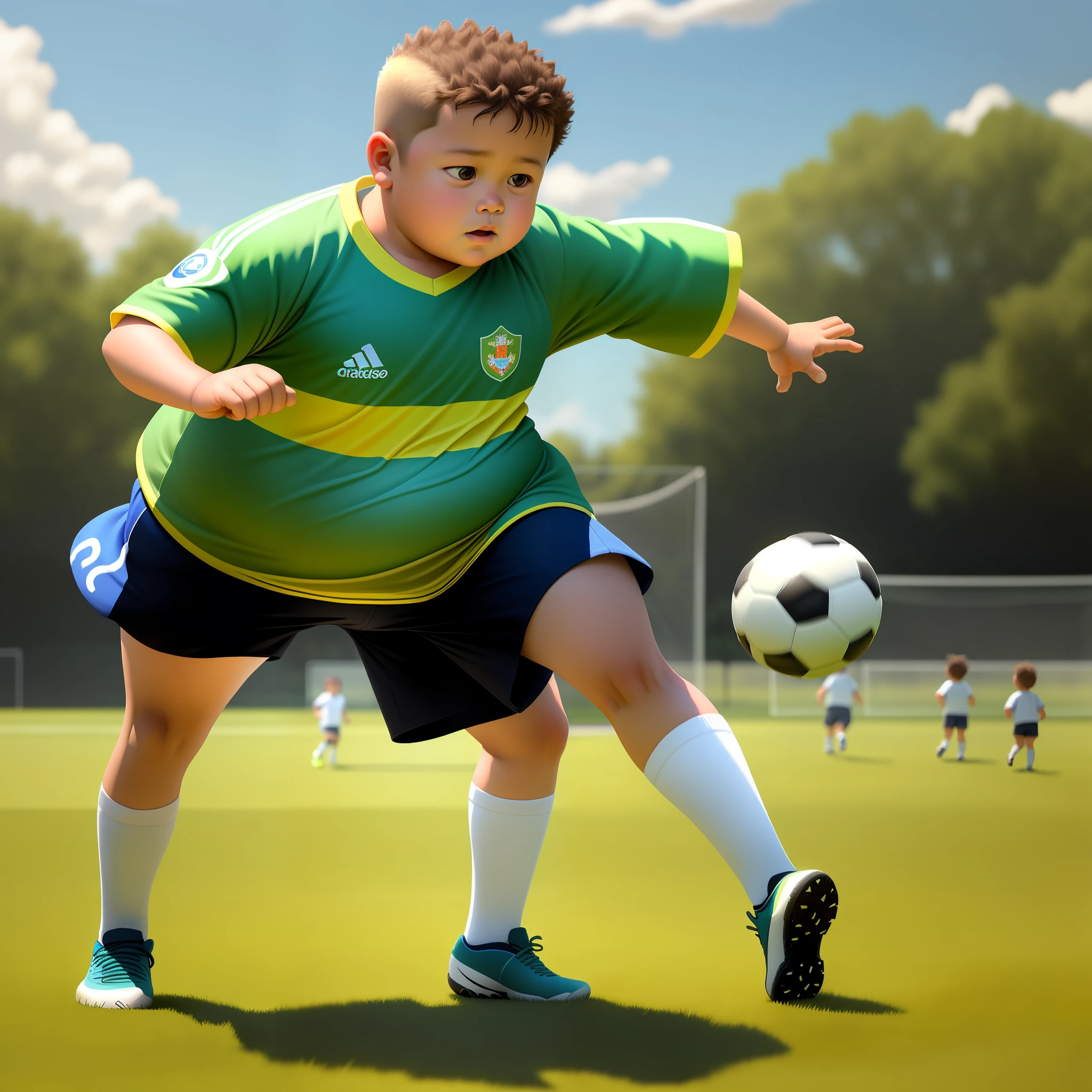 (best quality, masterpiece, ultra detailed), 12 year old, tall chubby playing soccer on a small field with other children, dynamic focus on the child, natural lighting, vibrant colors, low perspective, well detailed grass.