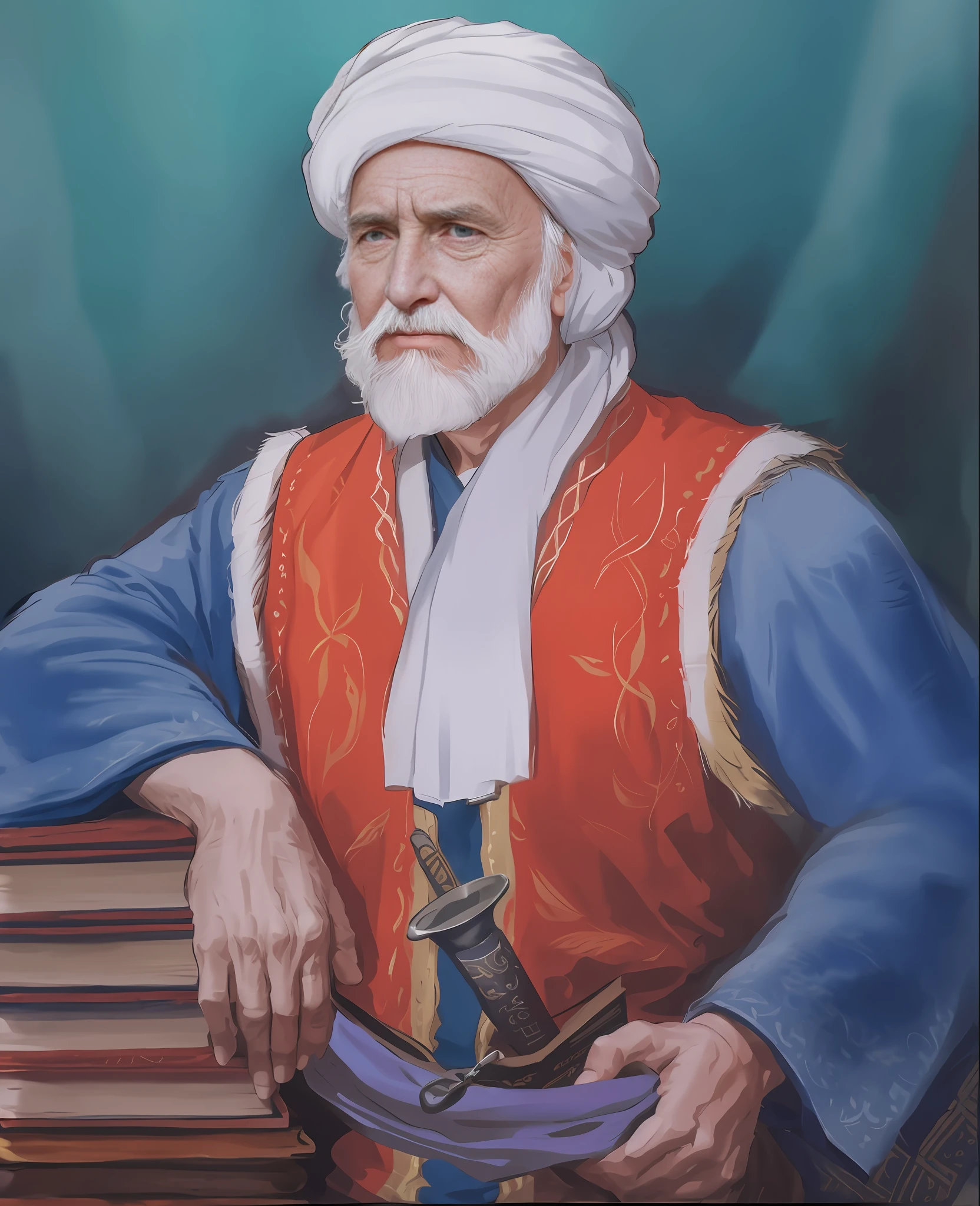 A Pashtun old poet with books ,  intricate, highly detailed, sharp focus, dramatic, photorealistic painting by midjourney and greg rutkowski, low lighting, backlight torches ((medieval tavern)) , (looking at viewer), (sinister detailed pupils), (close-up)