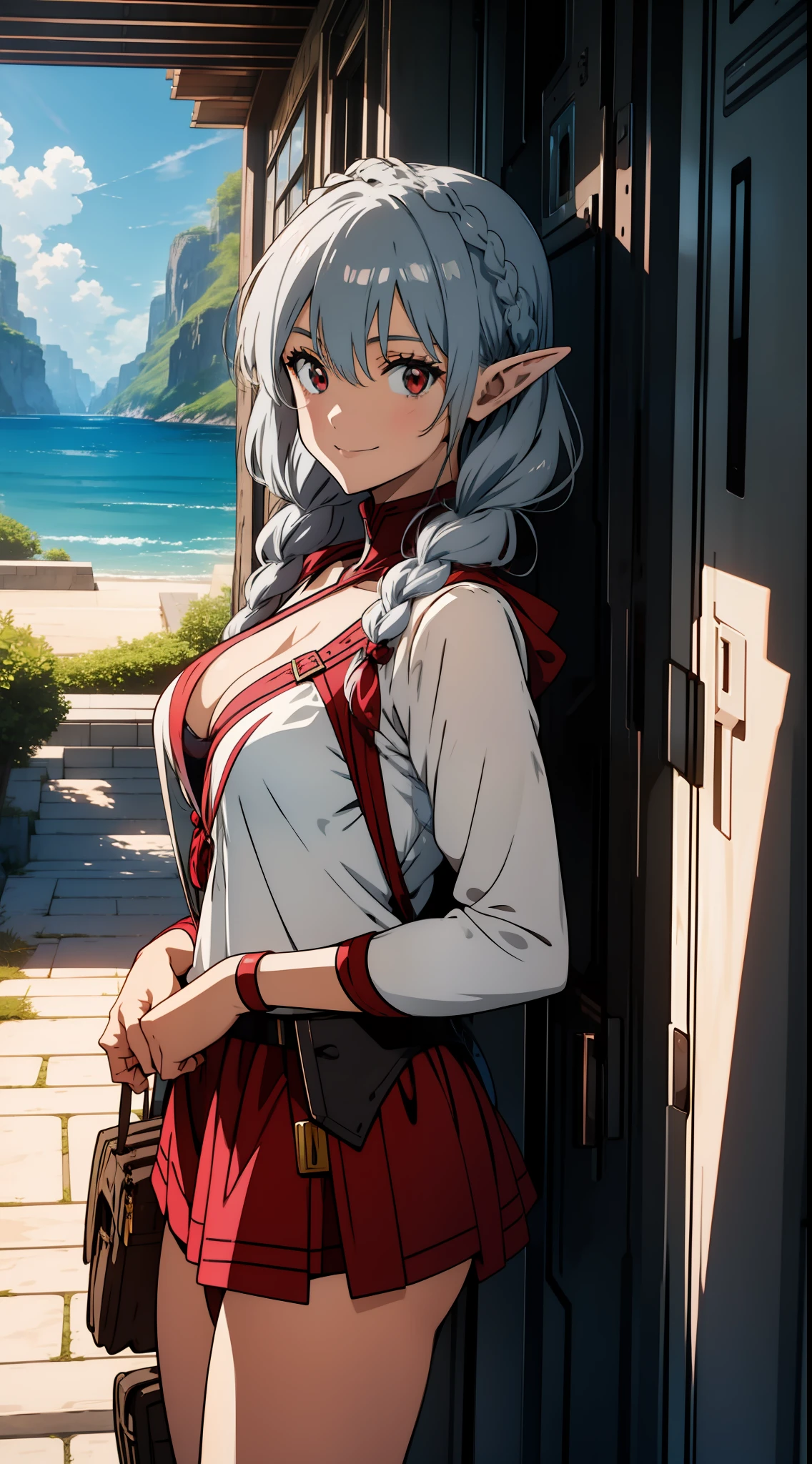 1 girl closeup, swimsuit, bikini, elf, silver hair, red eyes, braid, smiling, concept art, official art, beautiful anime scene, beautiful anime landscape, anime landscape