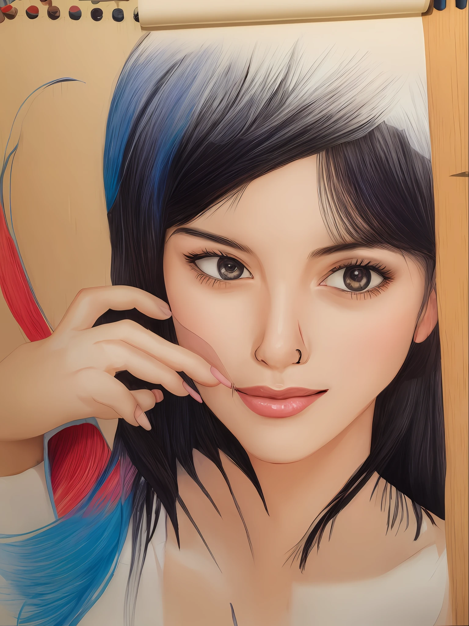Drawing of a woman with a nose piercing, closeup potrait, colorful drawing, traditional art, a sketch of colored pencils, girl with black hair, colored drawing, sketch of colored pencils, potrait of a female face, potrait, beautiful painting, portrait of girl, detailed face, by Yasutomo Oka, simple drawing.