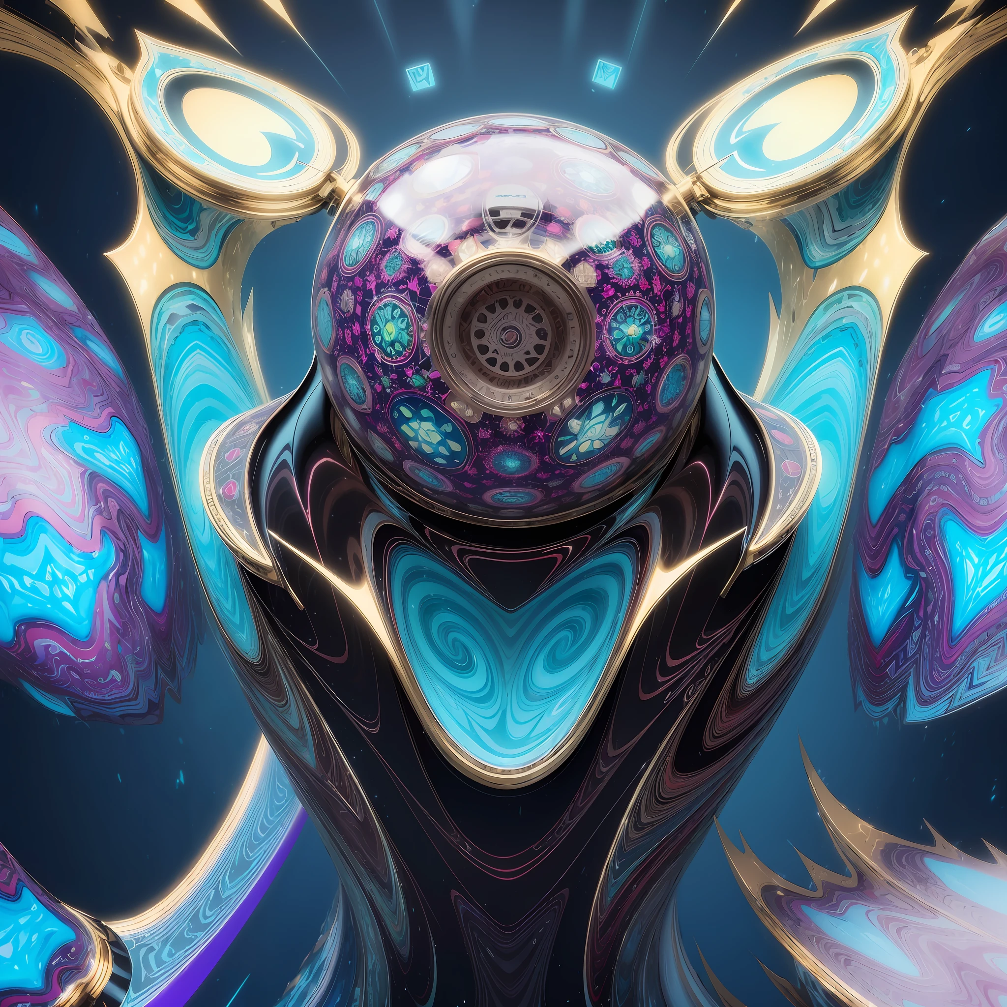(DMT aura of kittybot shaman with a transparent helmet with a brain sticking out: 1.4), (metal wings: 1.2), (hyperloop car-flask mask: 1.2), (kawaii cyberpop fractal art: 1.6), (Tobias Gremmler fluid and dynamic forms art style: 1.6), (organic-geometric blend: 1.6), (shaman head reflects the mood and mind in surrealistic shapes: 1.2), (mask creates motion and warping in the light: 1.3), (ultra high resolution: 1.4), (ray tracing lighting: 1.4), (subsurface scattering skin: 1.2), (particle effects: 1.4), (depth of field: 1.4), (geometric-dotist abstraction: 1.6), (generative fluid fractal algorithm: 1.6).
