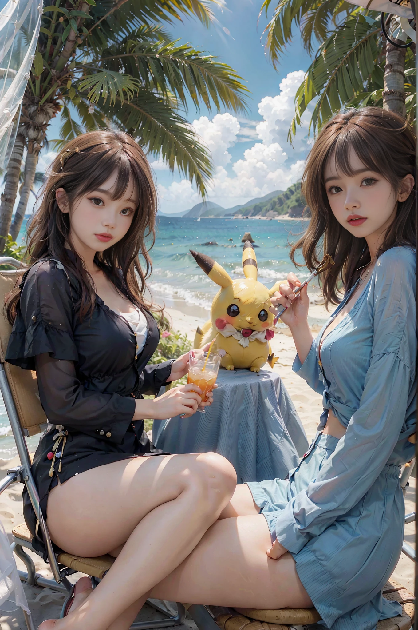 create Pikachu on a paradisiacal beach, sitting in a chair sipping orange cocktail with cherry as a umbrella, small drizzle in the glass and surrounded by beautiful women, the whole scene should be portrayed in the center of the presentation area, the other areas the focus is on the scenery plus the center of the screen is for action where Pikachu is in the setting, these very realistic details the girls have to be very human with the well-sculpted body, medium ugly and big butt --auto --s2