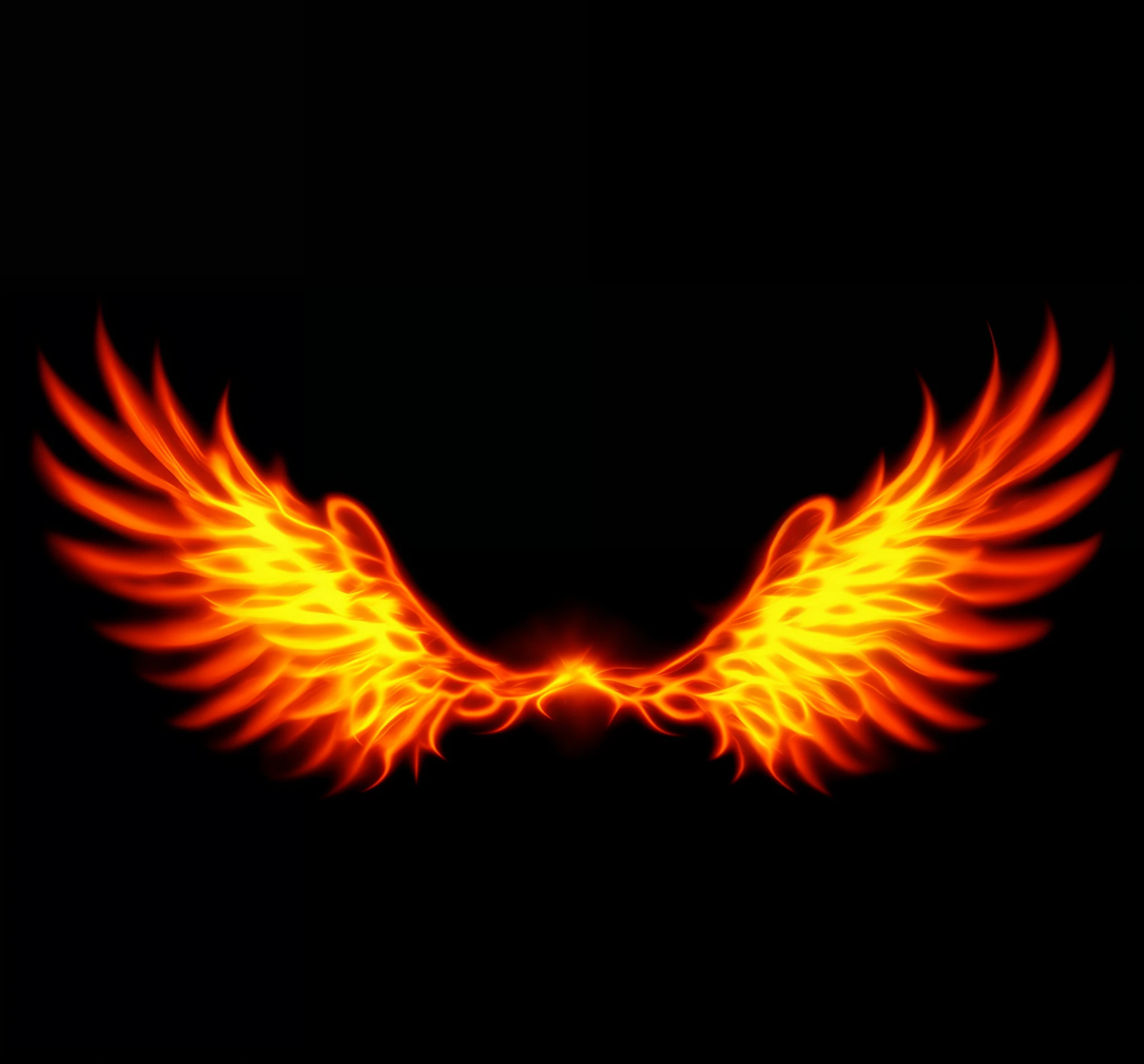 a close up of a pair of fire wings on a black background, fiery wings, with fiery golden wings of flame, with fiery golden wings, neon wings, burning wings, infinite angel wings, wings made of light, epic angel wings, infinite angelic wings, demon wings, devil wings, wings of fire, angelic wings, angel wings, symmetric wings
