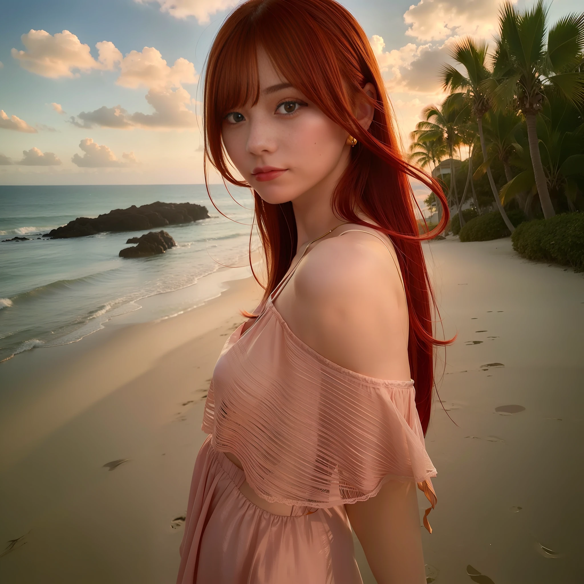 model, red hair, amber eyes, resort, coast, sunset, evening, rough outfit, summer, wistful, breeze, backlight, realistic, pose, contrapposto, soft expression, shot with Leica lens 35mm, wide angle lens, color filter, golden ratio, smile, contrast adjustment