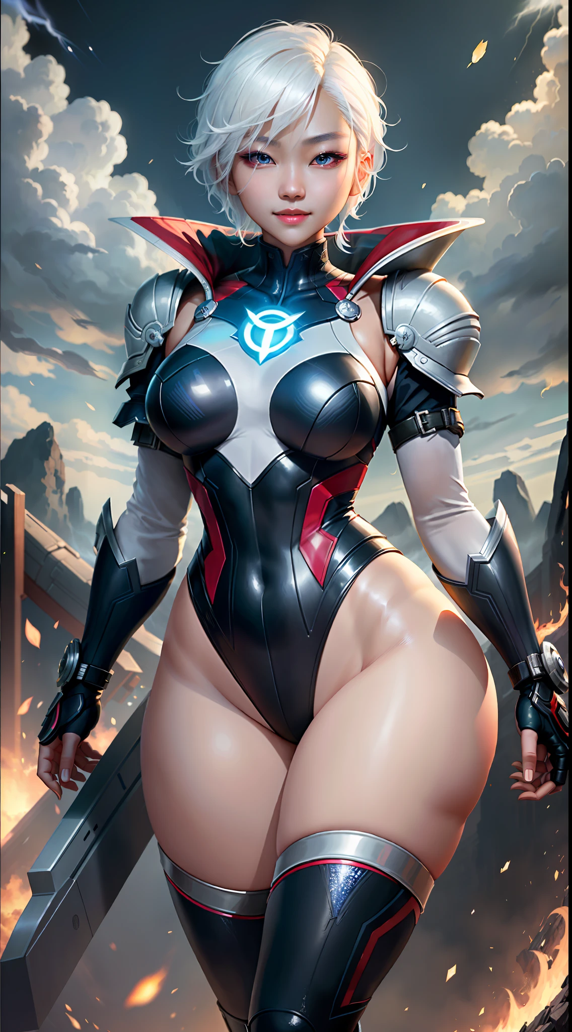 masterpiece, maximum quality, ultra high resolution, 8k, korean girl (extremely beautiful), short white hair, full body, very thin, detailed face, detailed eyes, mischievous smile, wide hips, thick thighs, smooth and soft pellet, with X-Men Storm clothes