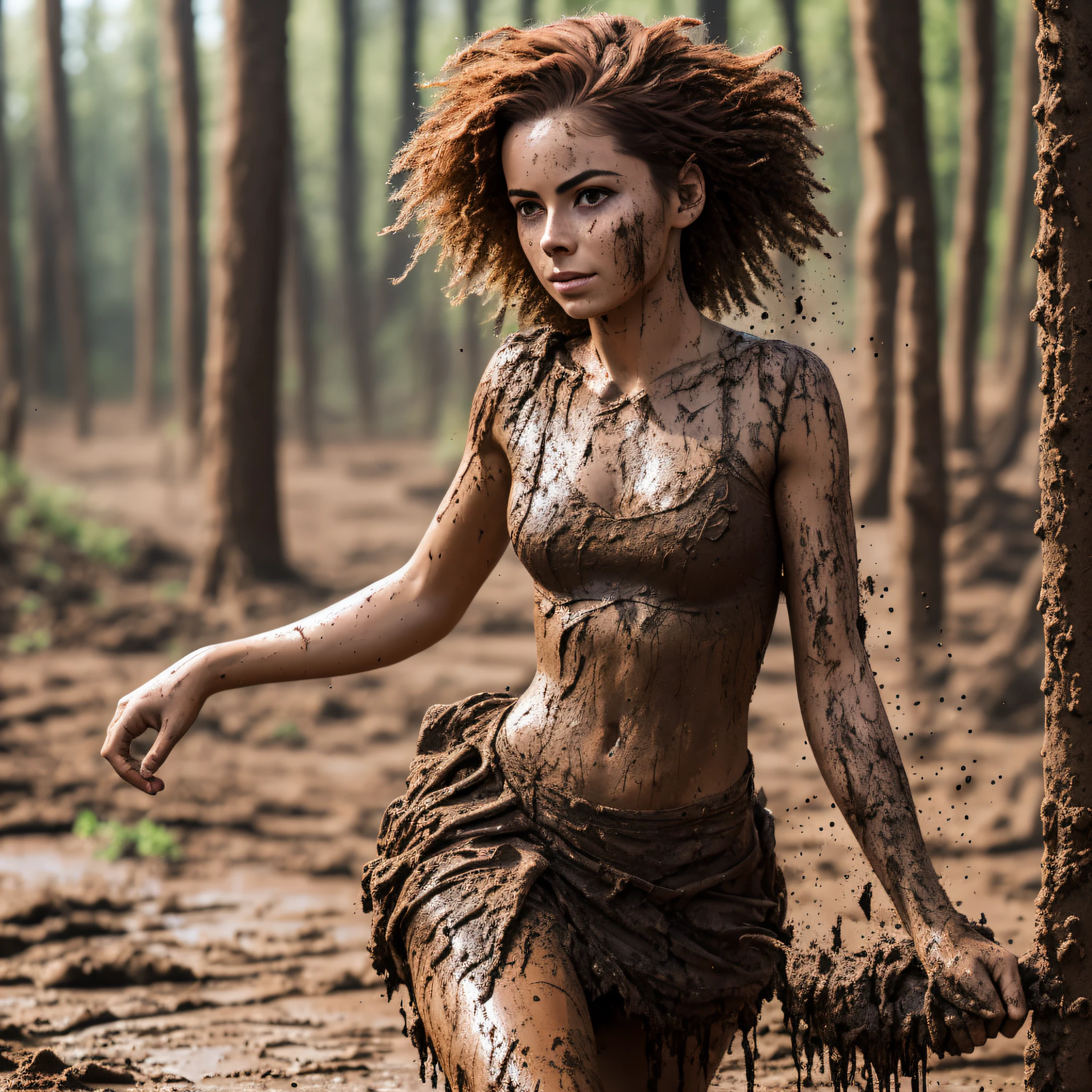 Hyperrealistic photography of a 30-year-old woman smeared with mud, Lena Meyer Landrut, tulle skirt smeared with mud, dance pose, pointe shoes smeared with mud, the entire body, red curly hair and clothes are smeared with mud, high quality, realistic lighting, center of the image, hourglass proportions, 8k, HDR, BDSM, medium chest size, long legs, tinted, professional photography of a woman, natural skin texture smeared with a lot of mud,  4K textures, Adobe Lightroom, Photolab, HDR, intricate, elegant, very detailed, sharp focus, insane detail, intricate details, hyper-detailed, bright cinema light, outdoor atmosphere, chin pulled up, (exposed belly: 1.8), (long-distance), dominant facial expression