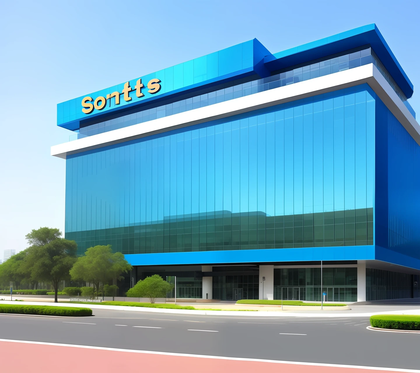 Take the word Sonta Systems with arkip font and design a very big building like a corporation building with it written on the side.