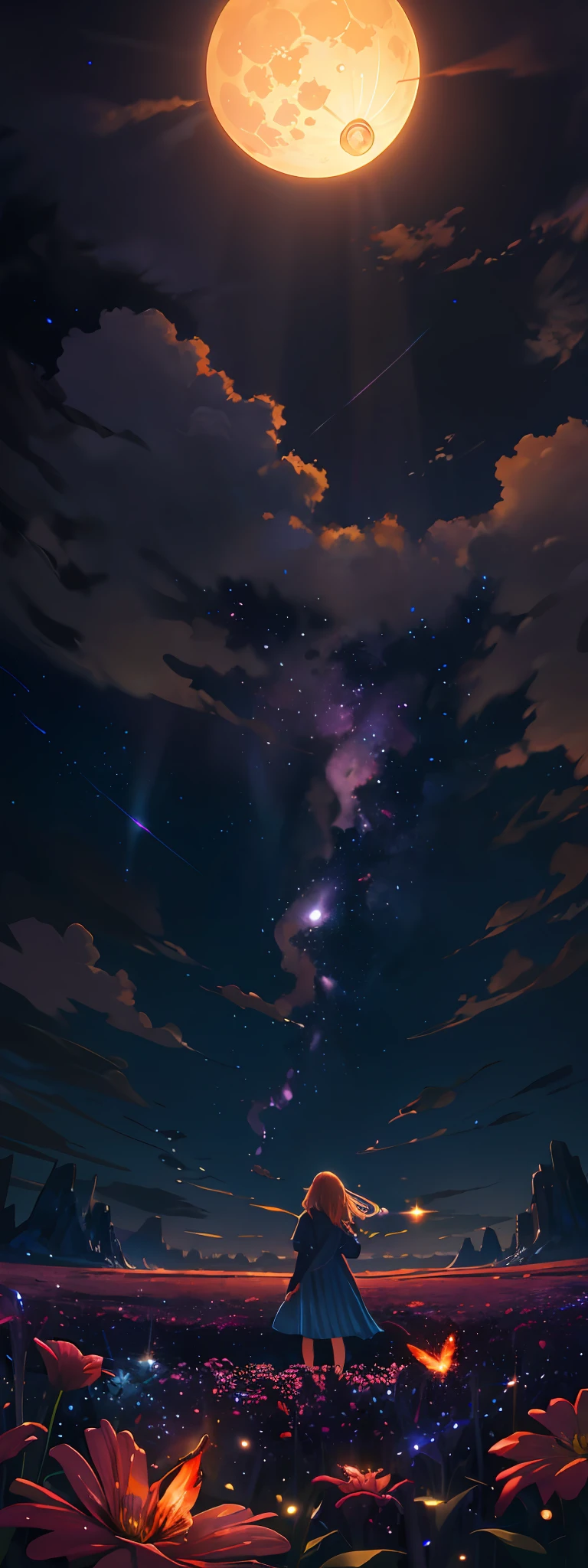 expansive landscape photograph , (a view from below that shows sky above and open field below), a girl standing on flower field looking up, (full moon:1.2), ( shooting stars:0.9), (nebula:1.3), distant mountain, tree BREAK
production art, (warm light source:1.2), (Firefly:1.2), lamp, lot of purple and orange, intricate details, volumetric lighting, realism BREAK
(masterpiece:1.2), (best quality), 4k, ultra-detailed, (dynamic composition:1.4), highly detailed, colorful details,( iridescent colors:1.2), (glowing lighting, atmospheric lighting), dreamy, magical, (solo:1.2)