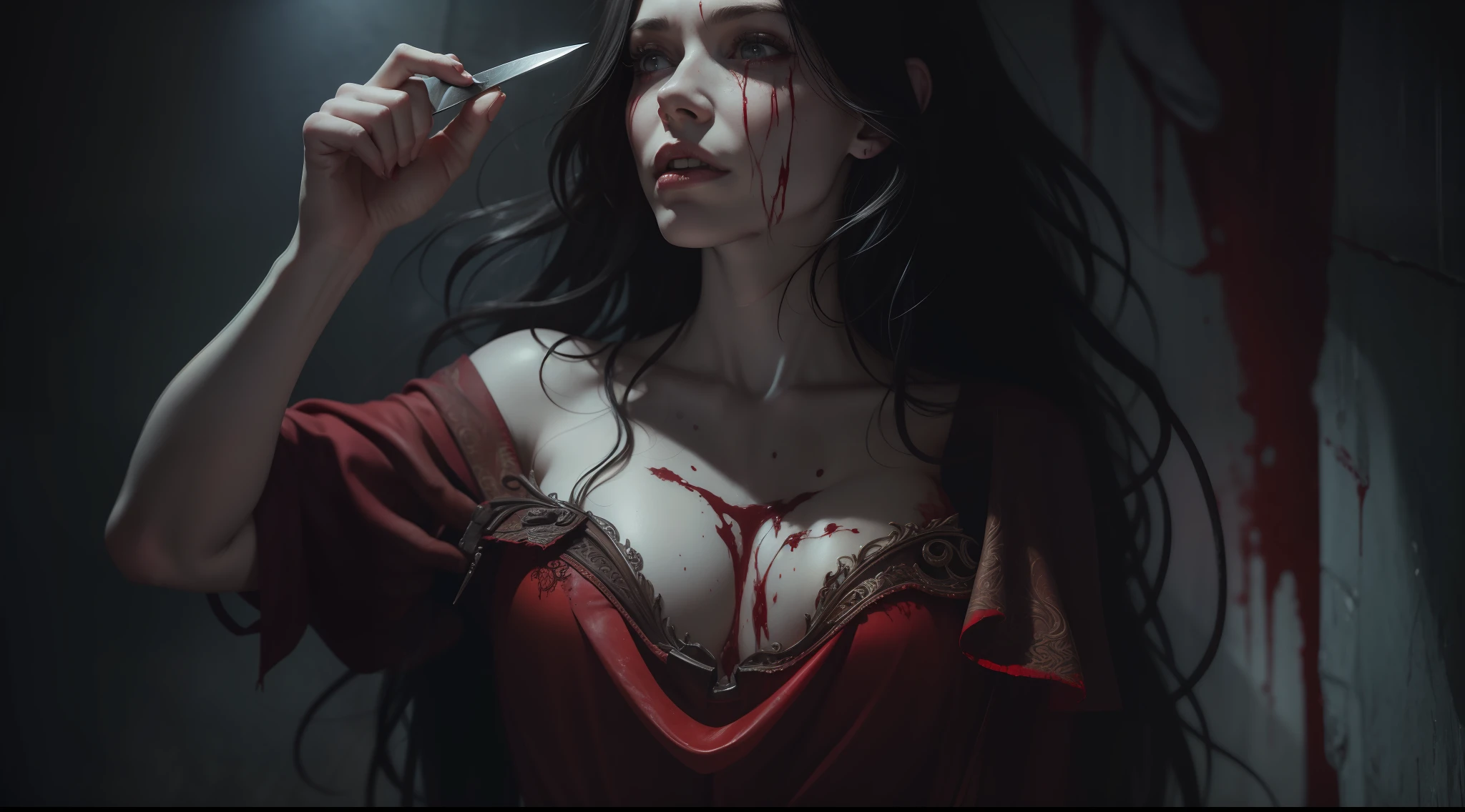 Award-winning photo from the waist up, terrifying, bloodstained woman, holding a knife, hyperrealism, strong impressionist painting style, 1,618, elegant, ethereal, intricate, elaborate, hyper-realism, hyper-detailed, strong expressiveness and emotionality, cinematic lighting, visual clarity