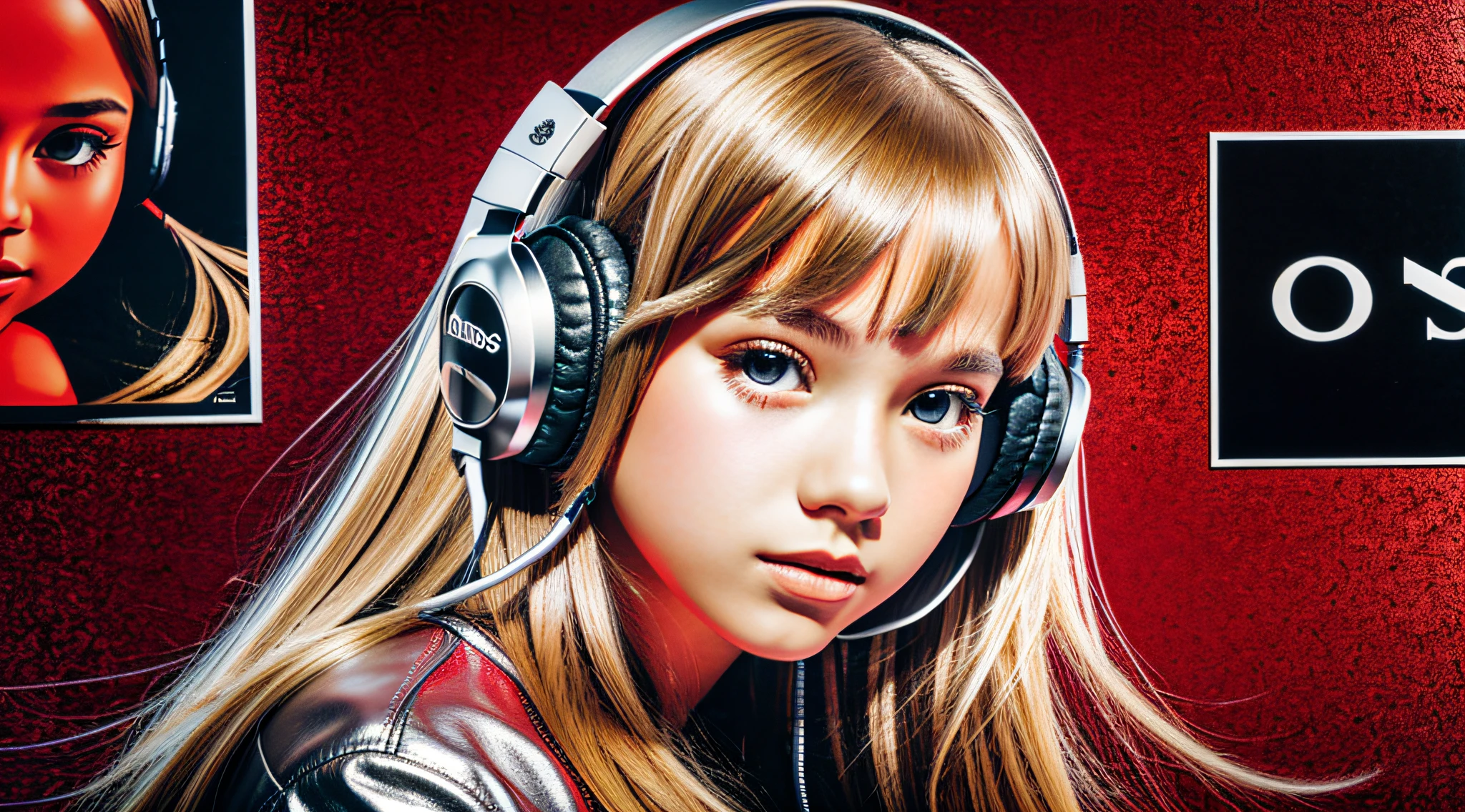 GIRL child 12 years old, RUSSIAN BLONDE long hair and headphones, portrait, SILVER LEATHER JACKET, VINYL AND CDS red background. --auto --s2