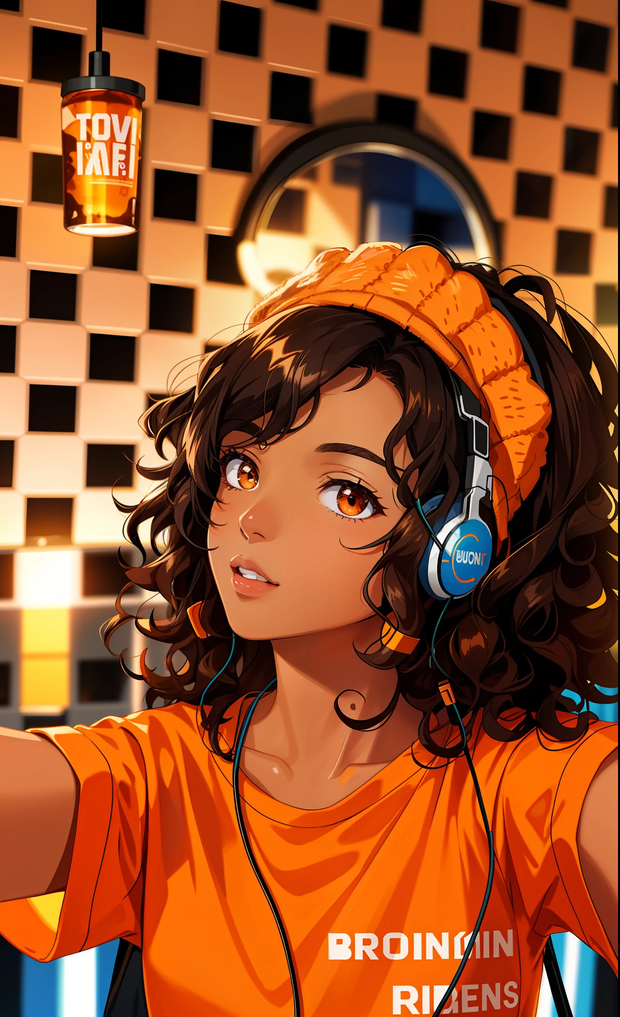 There is a woman with headphones when taking a selfie, brown skin, curly hair, black hair, profile picture, high quality photograph, orange shirt