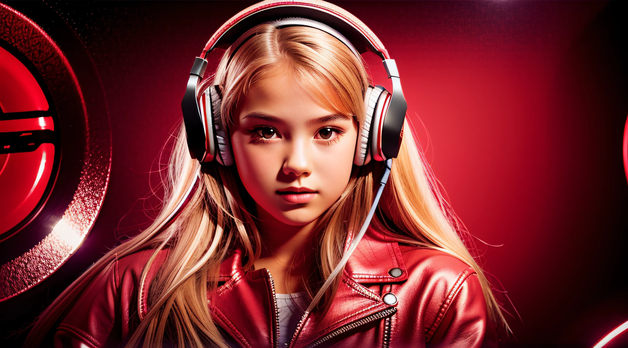 GIRL child , RUSSIAN BLONDE long hair and headphones, portrait, SILVER LEATHER JACKET, VINYL AND CDS red background. --auto --s2