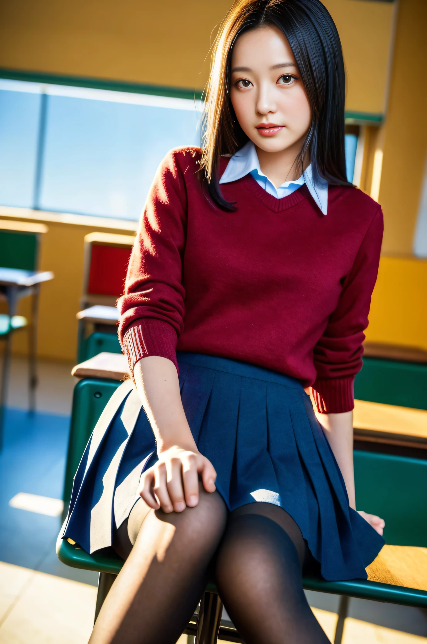 masterpiece, top quality, ultra high definition, colorful, flat color, depth of field, lens flare

1 girl, sitting, black hair, watching viewer, school, classroom, pleated mini skirt, take off school uniform, seravuk, black pantyhose, detailed touch, detailed fabric texture, beautiful detailed face, 30 year old beauty, adult atmosphere, exposure
