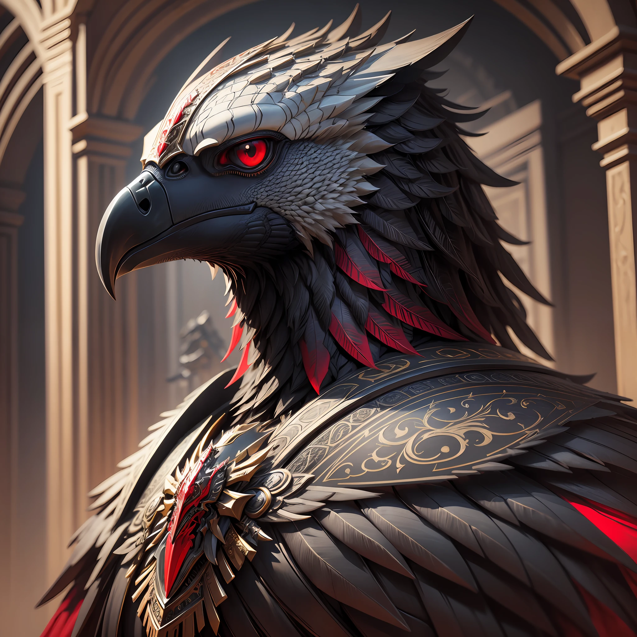 Majestic anthropomorphic Vulture Knight, portrait, finely detailed armorcinematiclighting, intricate metal filigree desiqn, black and red details, 4k, 8kunreal engineoctane render --auto --s2
