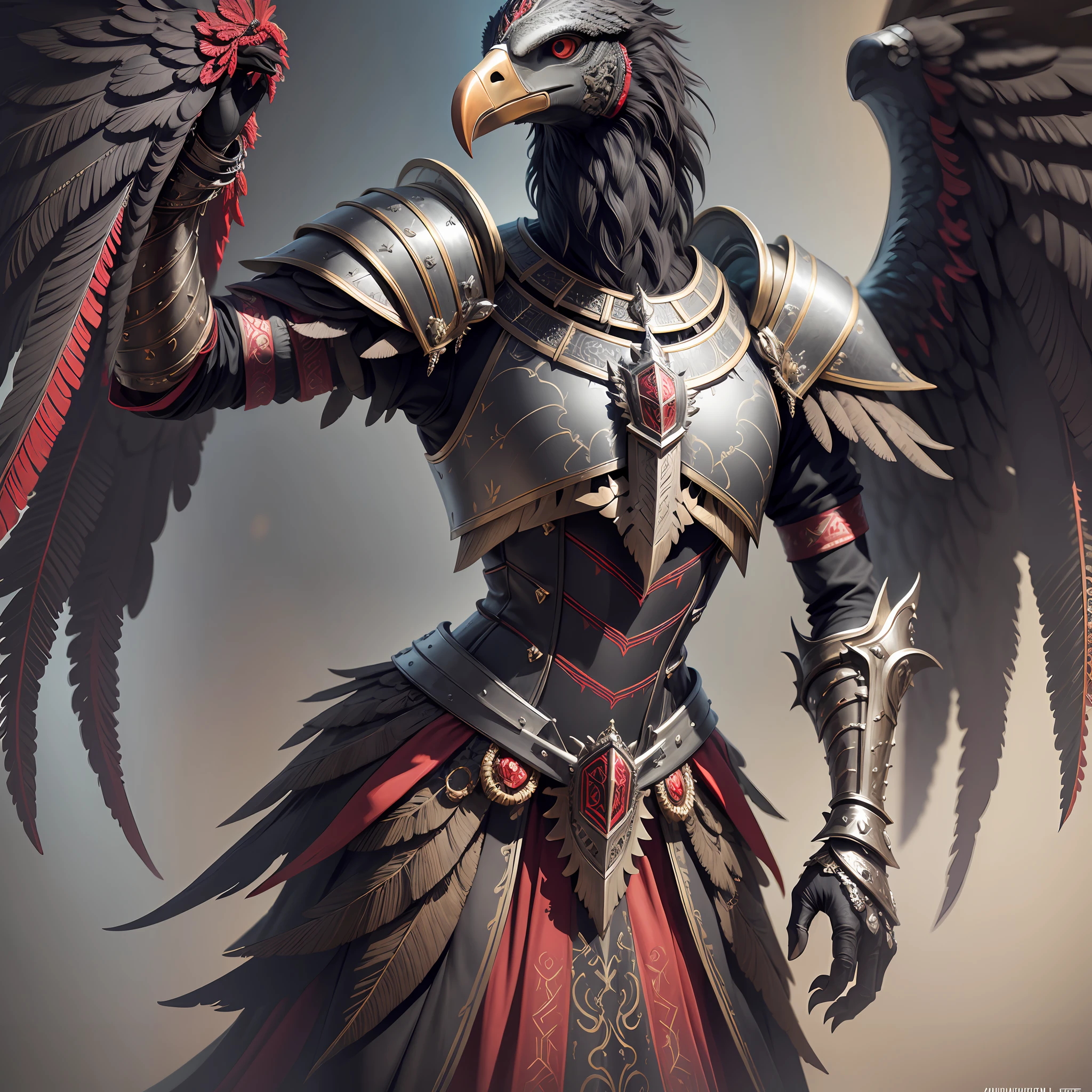Majestic anthropomorphic Vulture Knight, portrait, finely detailed armorcinematiclighting, intricate metal filigree desiqn, black and red details, 4k, 8kunreal engineoctane render --auto --s2