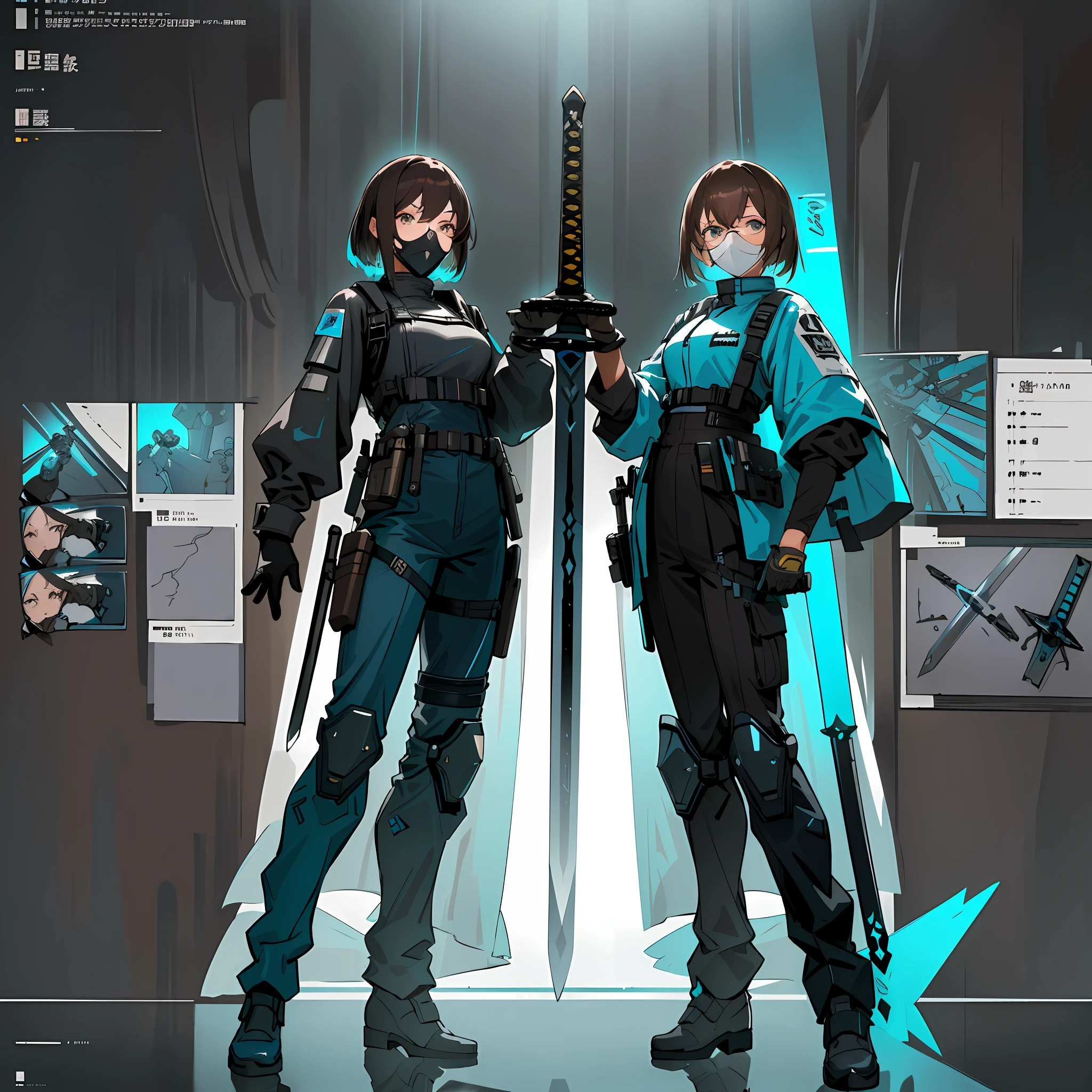 ((masterpiece)), (ultra detailed), (best quality), detailed background, (Arknights style), (concept art, character sheet), (adult woman, tall, muscular body, dark brown hair, short hair), (hazardous materials suit, tactical vest, tactical face mask, blue glasses, respirator), (cyan light reflective patch on chest), (hand sword, long sword, detailed sword), (realistic detailed equipment))