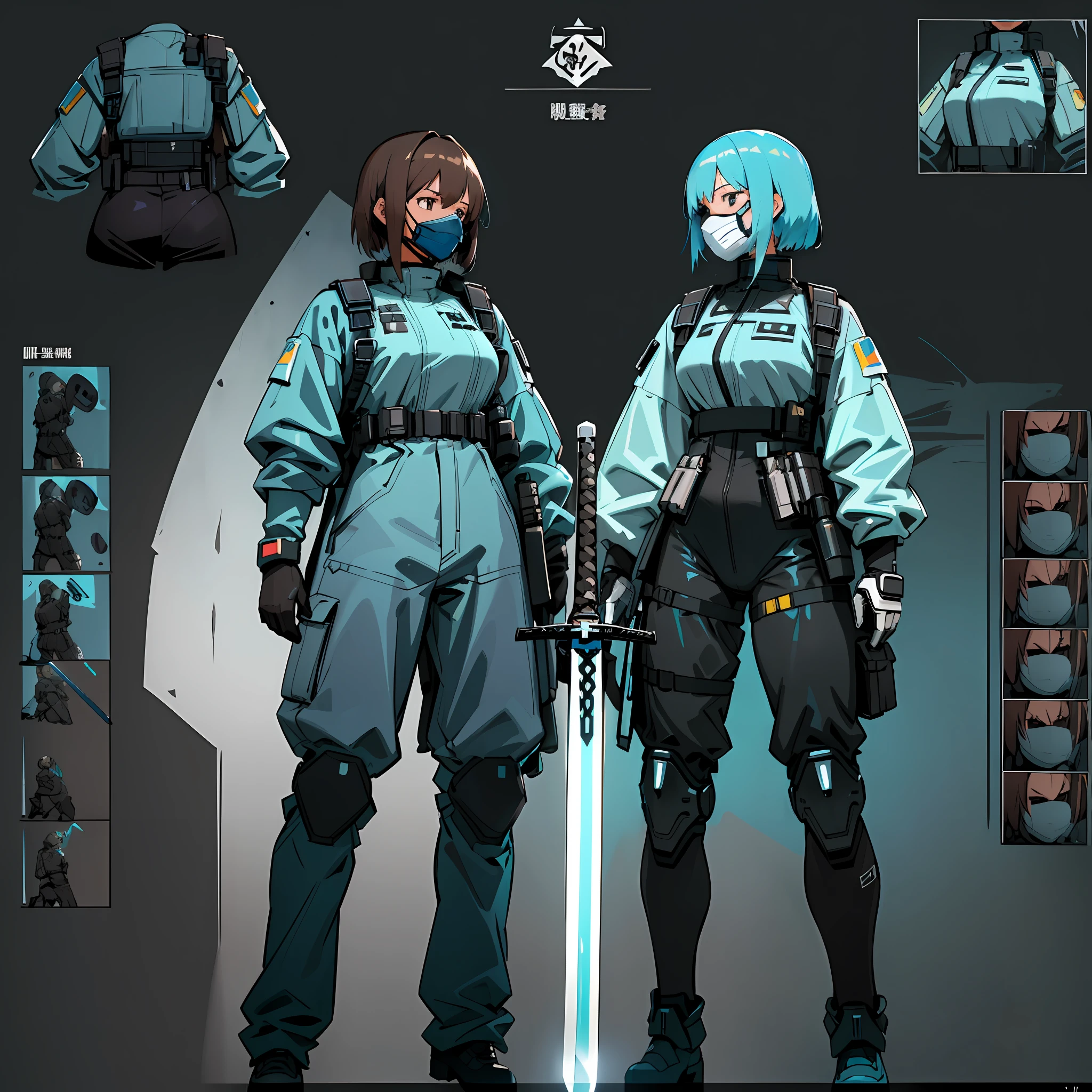 ((masterpiece)), (ultra detailed), (best quality), detailed background, (Arknights style), (concept art, character sheet), (adult woman, tall, muscular body, dark brown hair, short hair), (hazardous materials suit, tactical vest, tactical face mask, blue glasses, respirator), (cyan light reflective patch on chest), (hand sword, long sword, detailed sword), (realistic detailed equipment))