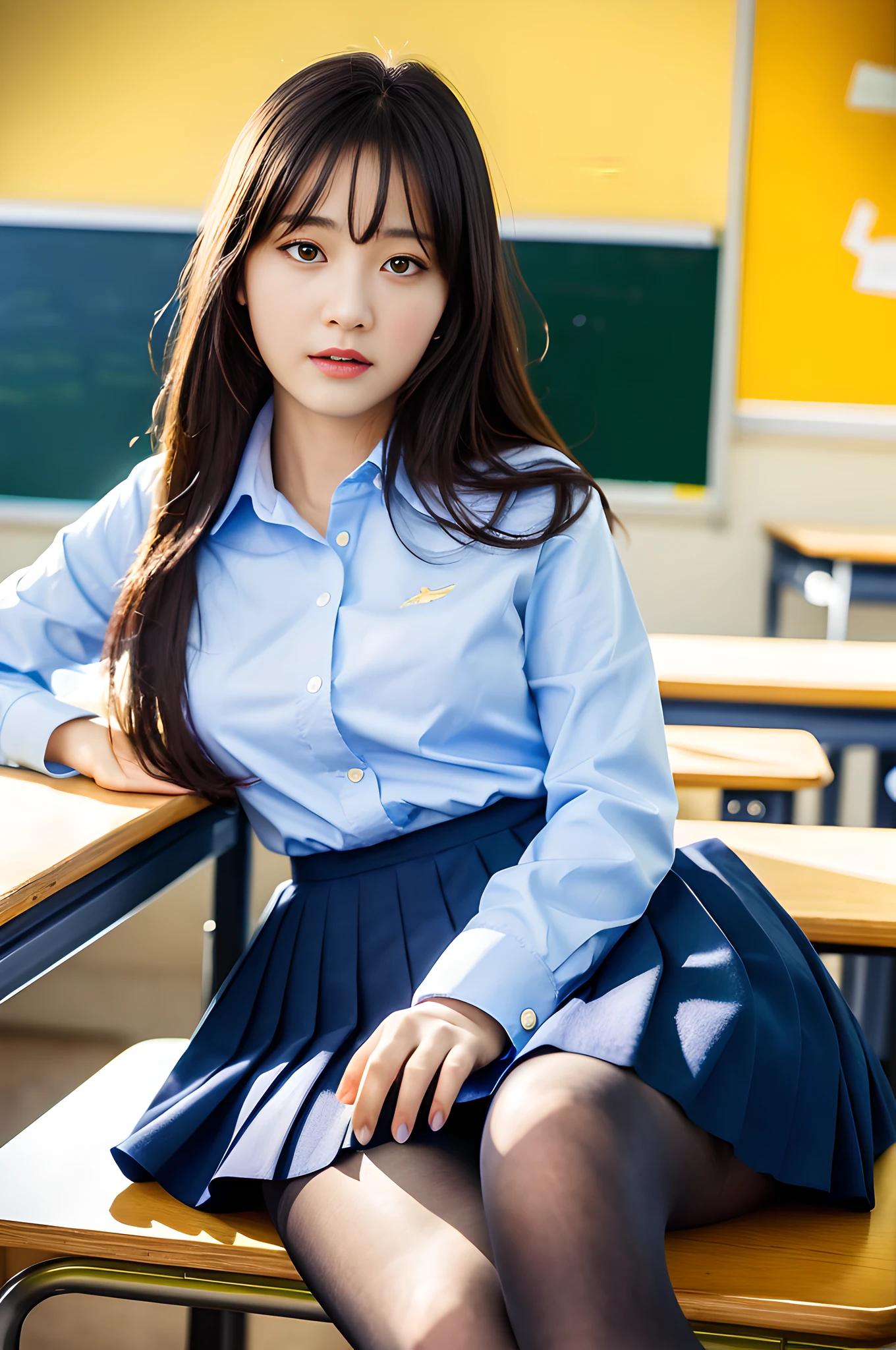 masterpiece, top quality, ultra high definition, colorful, flat color, depth of field, lens flare

1 girl, sitting, black hair, watching viewer, school, classroom, pleated mini skirt, take off school uniform, seravuk, black pantyhose, detailed touch, detailed fabric texture, beautiful detailed face, 30 year old beauty, adult atmosphere, exposure