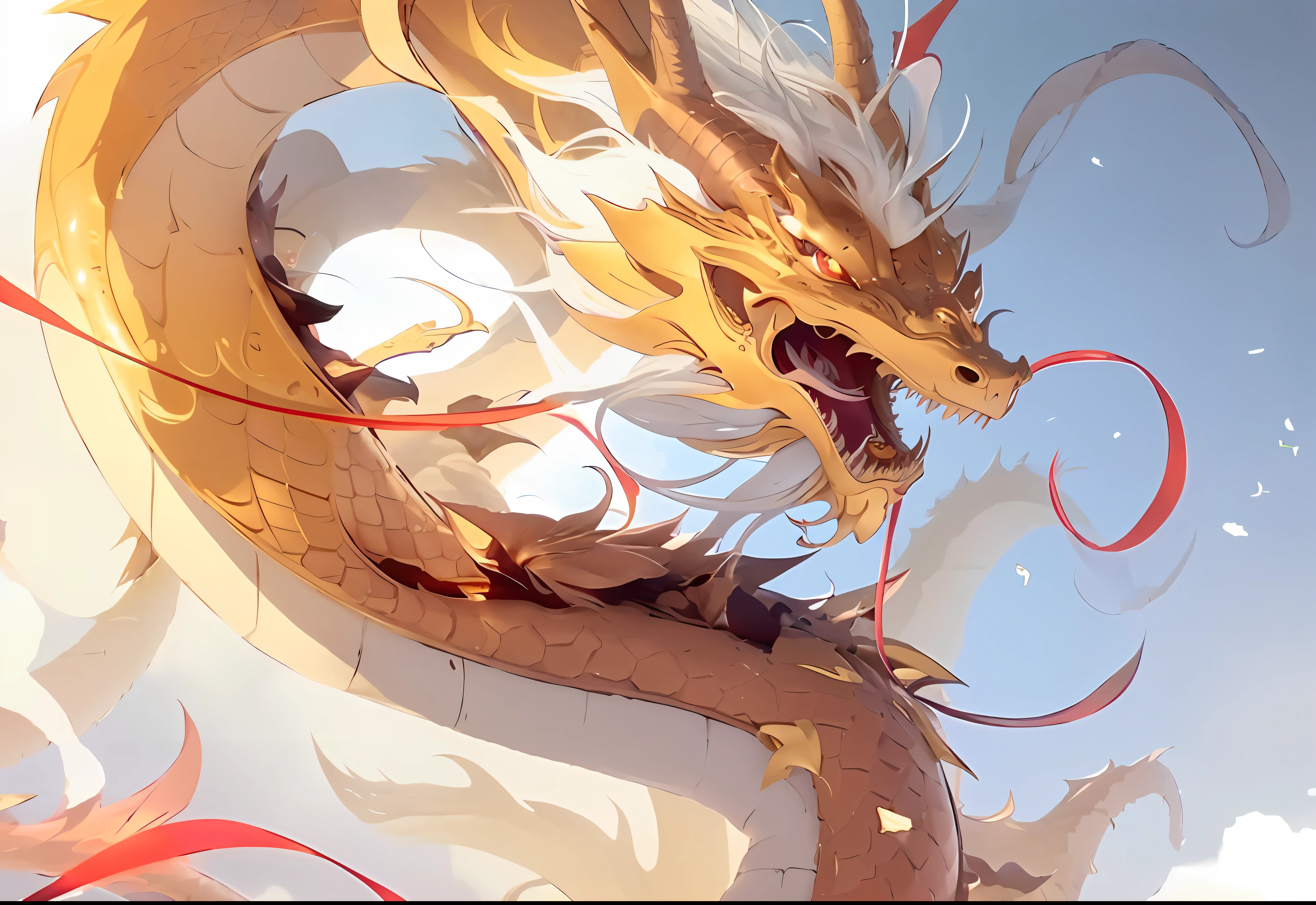 there is a dragon that is flying through the air, chinese dragon concept art, majestic japanese dragon, loong, smooth chinese dragon, detailed digital anime art, keqing from genshin impact, by Yang J, trending on cgstation, intricate ornate anime cgi style, dragon art, trending on artstation pixiv, chinese dragon, colossal dragon as background, golden dragon