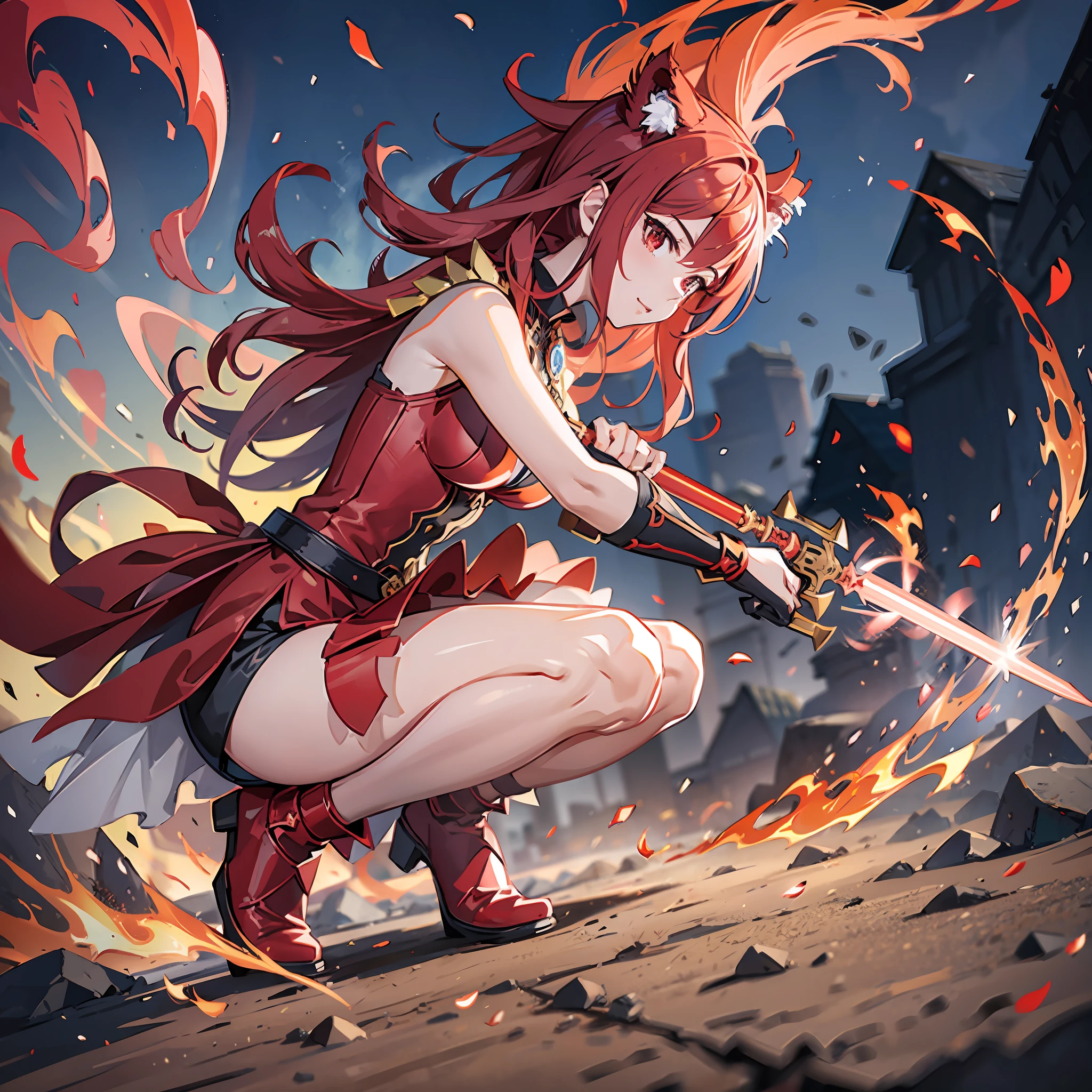(Era Scarlet: 1.1), (Fairy Tail) Wearing fashionable red armor, holding a huge fire sword, + lens effect, reflective on the ground, zooming freely, surrounded by raging fire, unstoppable heroic posture.
