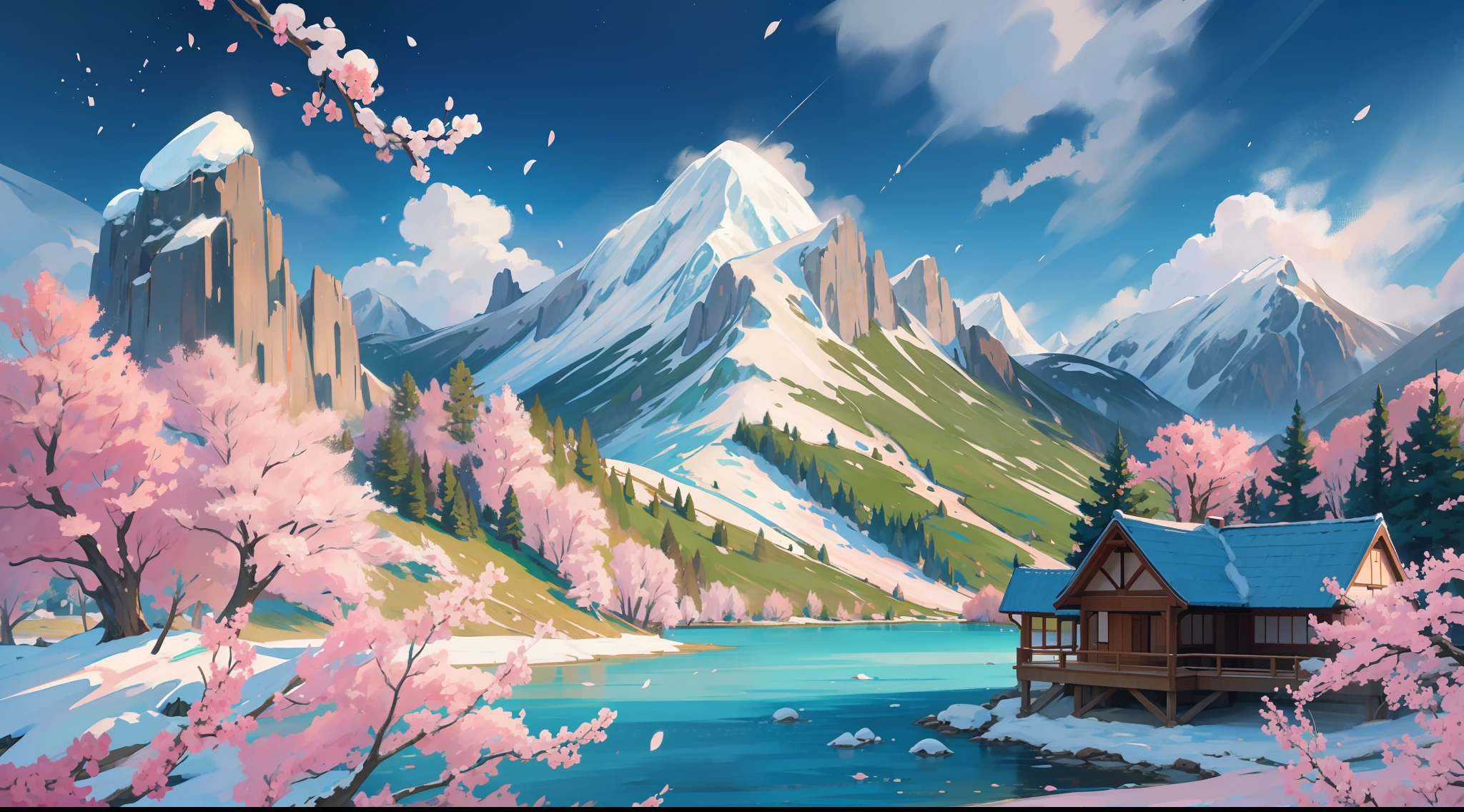 landscape, nature, sakura tree, wind, winter, mountain range, mountain sitting near mountain, detailed water, peaceful, green grass, castle, extremely detailed, depth of field, cinematic lighting, Ghibli-like colours, high detail, scenery, high place, horizon, wind, wind blow, 8k, bokeh, award winning, (masterpiece:1.2), best quality, no humans