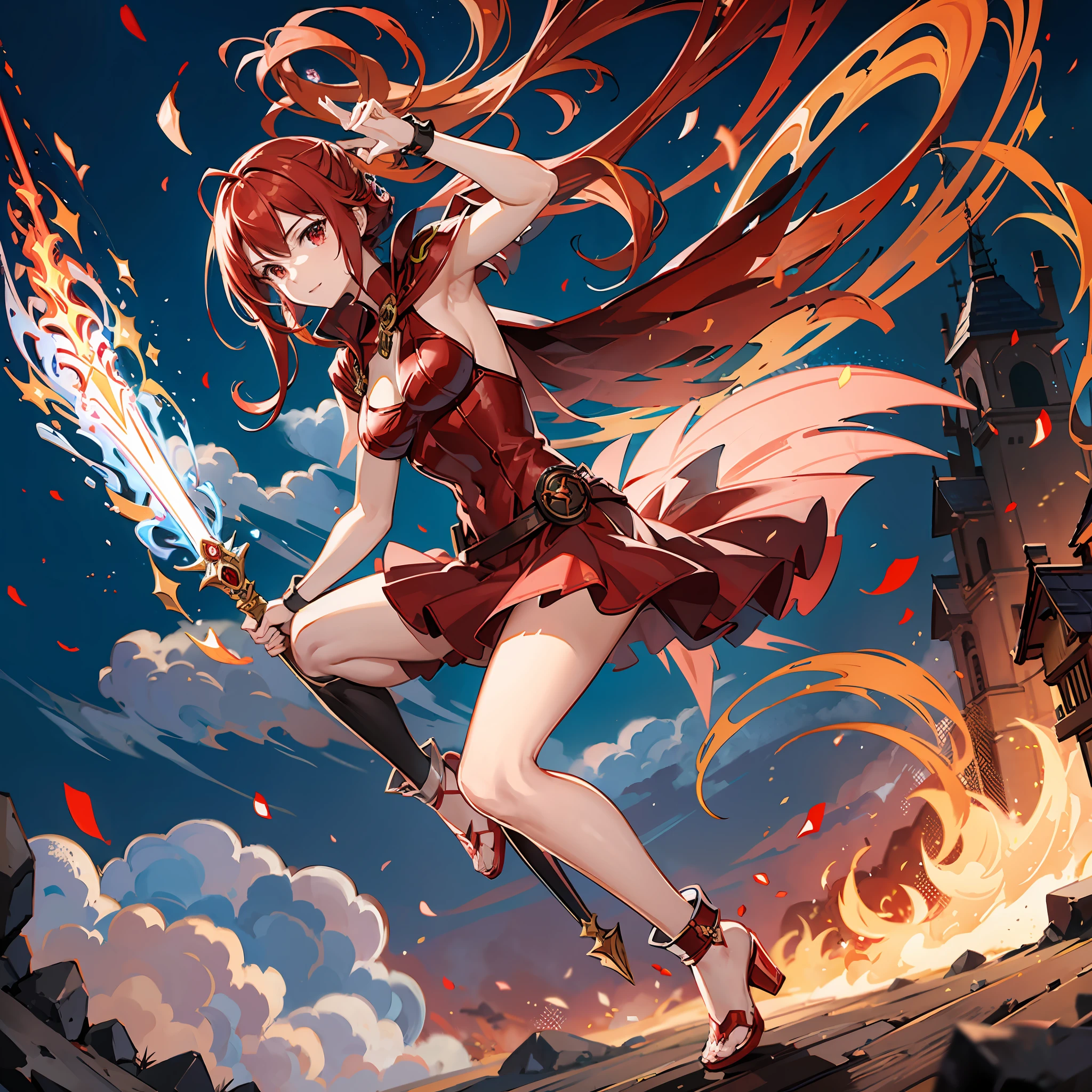 (Era Scarlet: 1.1), (Fairy Tail) Wearing fashionable red armor, holding a huge fire sword, + lens effect, reflective on the ground, zooming freely, surrounded by raging fire, unstoppable heroic posture.