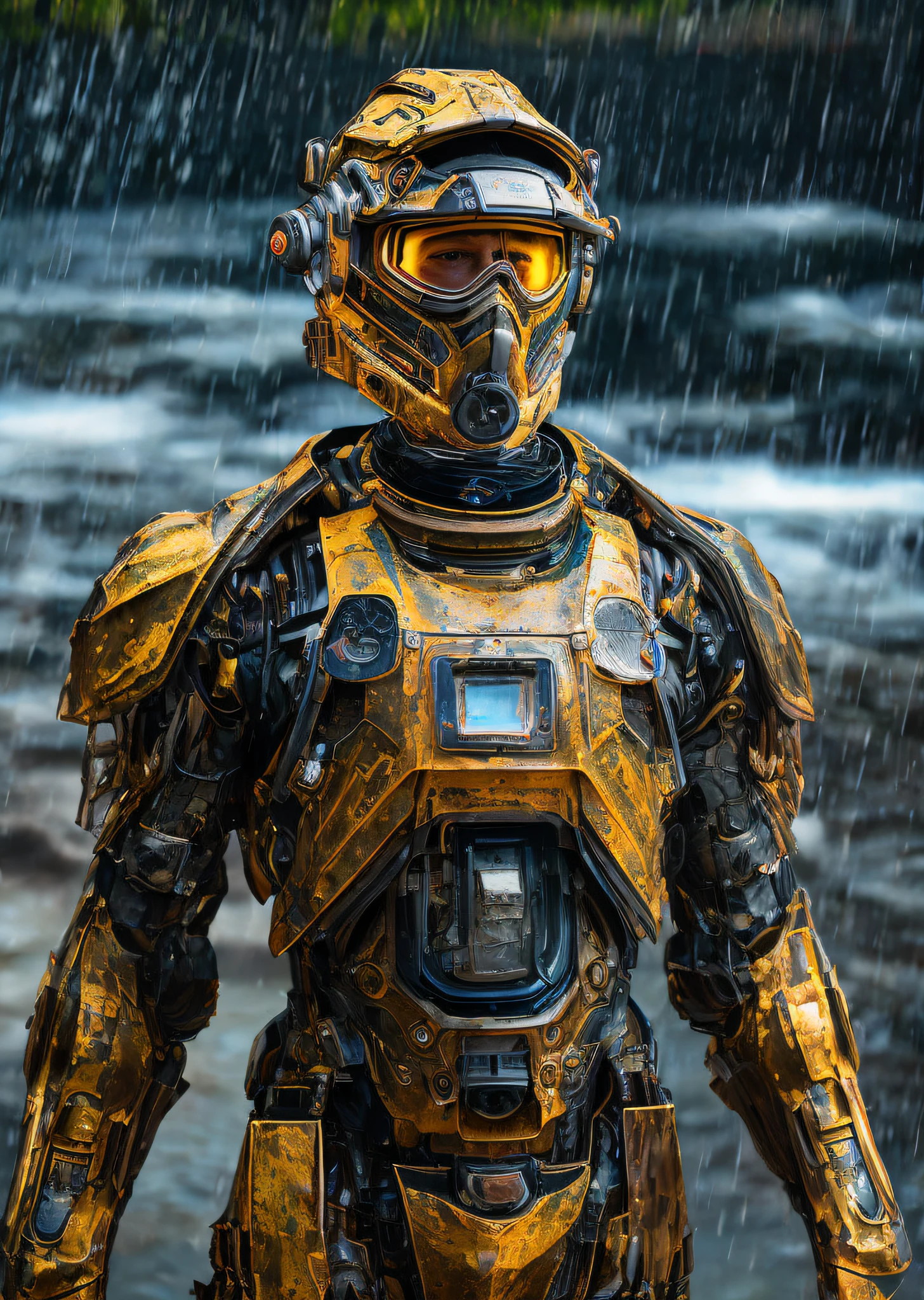 Portrait photo of transparent camo worn mech suit, ((light bokeh)), intricate, ((translucent) liquid water [rust]), elegant, sharp focus, photo by greg rutkowski, soft lighting, vibrant colors, masterpiece, ((streets)), detailed face