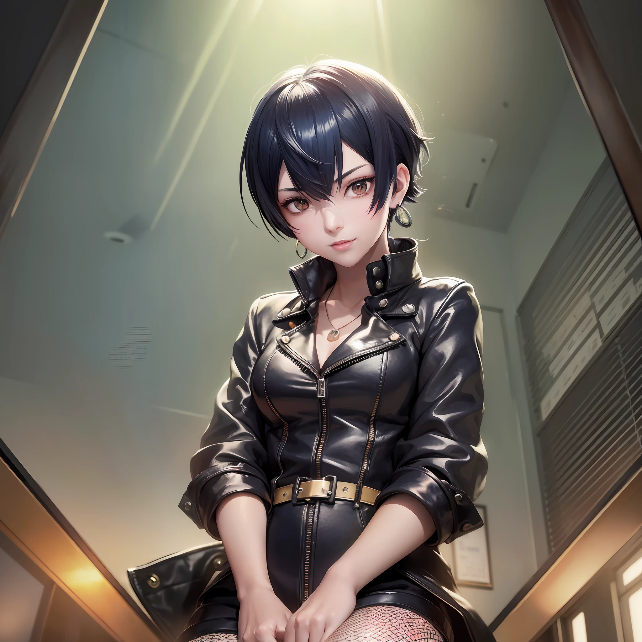 Naoto from Persona 4 using oversized modern clothes, asymmetrical hair, undercut, semi closed yellow eyes, gradient_eyes, eyebrows behind hair, hair behind ear, using red earrings, shy, makeup, seductive smile, anime style, Op art, god rays, ray tracing, reflection light, cinematic lighting, from below, anatomically correct, textured skin, super detail, masterpiece. She is sitting in a sport car. (Four point light, Highest Quality, Amazing Details:1.25), (Solo:1.3) --auto --s2