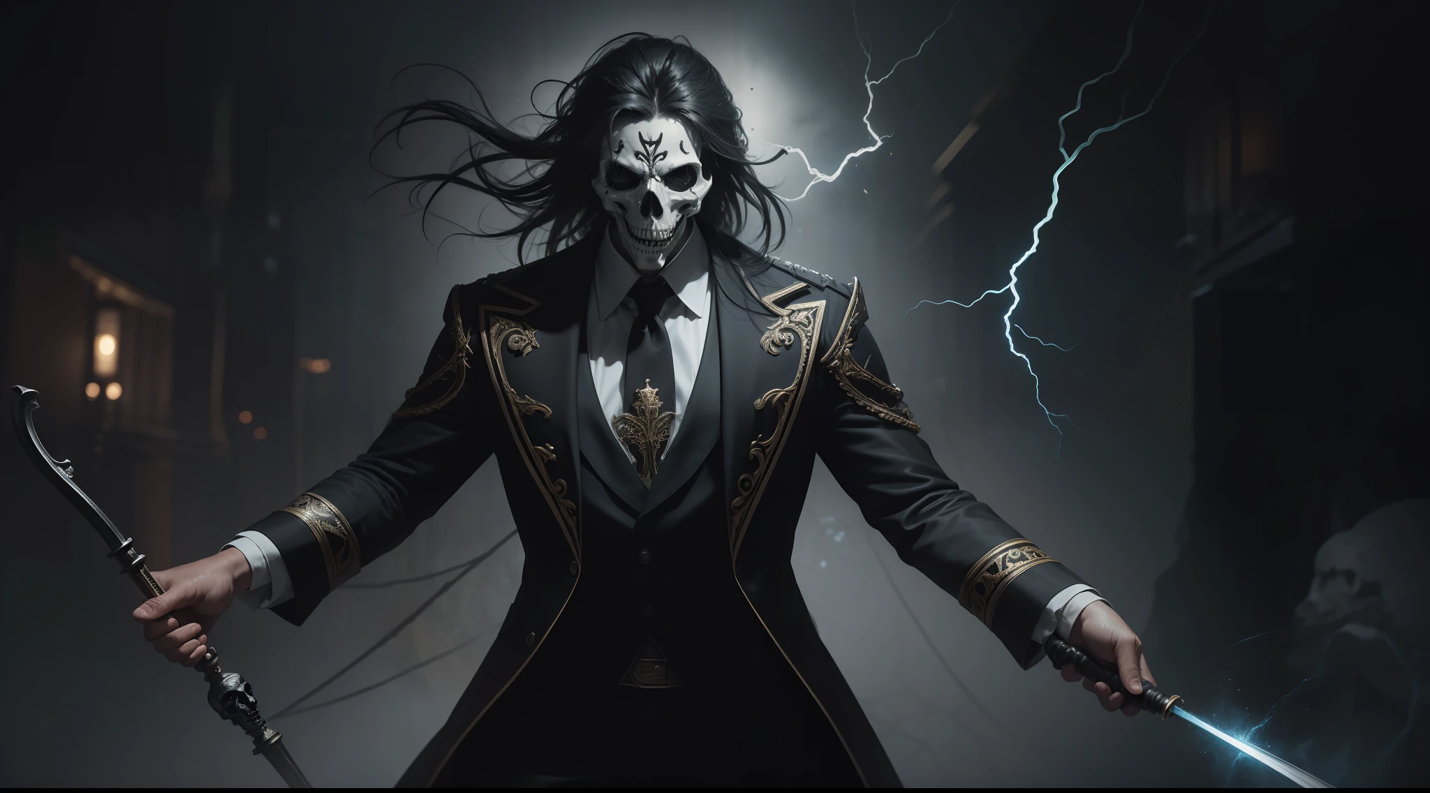 Award-winning photo from the waist up, magician with a skull mask holding a staff with electricity around him, hyperrealism, strong impressionist painting style, 1,618, elegant, ethereal, intricate, elaborate, hyper-realism, hyper-detailed, strong expressiveness and emotionality, cinematic lighting, visual clarity