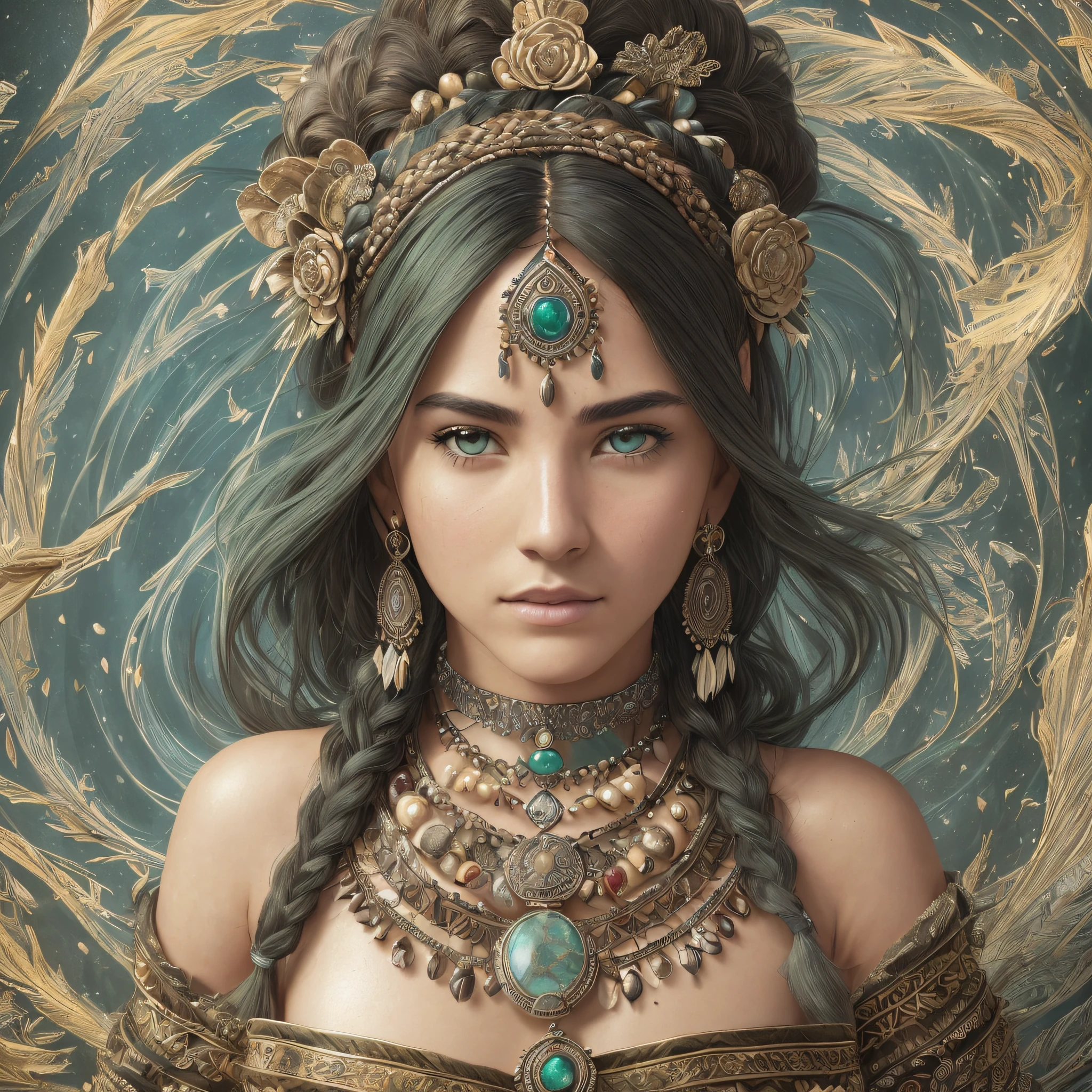(full portrait), (full body), solo, detailed background, detailed face, (stone punk AI, stone theme: 1.1), wise, (female), (native mexico), (beautiful hair, braids: 0.2), shaman, penetrating septum, mystic, (beautiful face), stunning, head tilted upwards, (serene expression), calm, Green shredded clothes, prayer beads, tribal jewelry, feathers in hair, headdress:0.33, jade, obsidian, detailed clothes, neckline, realistic skin texture, (floating particles, water swirl, embers, ritual, whirlpool, wind: 1.2), sharp focus, volumetric lighting, good highlights, good shading, subsurface dispersion, intricate, highly detailed, ((cinematic), dramatic, (high quality, award-winning, masterpiece: 1.5), (photorealistic: 1.5), (intricate symmetrical war painting: 0.5), --auto --s2