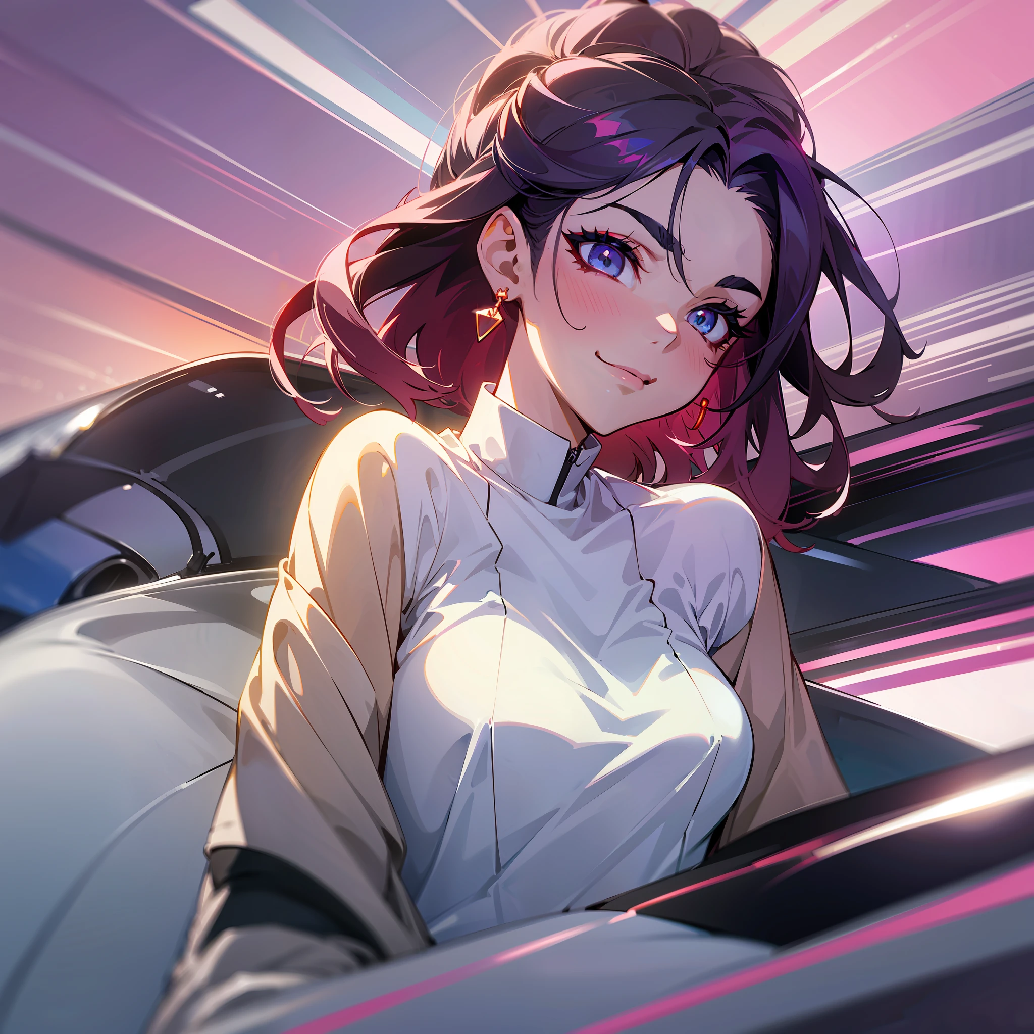 Adult woman using oversized modern clothes, asymmetrical hair, undercut, semi closed ambar eyes, gradient_eyes, eyebrows behind hair, hair behind ear, using red earrings, shy, makeup, seductive smile, anime style, Op art, god rays, ray tracing, reflection light, cinematic lighting, from below, anatomically correct, textured skin, super detail, masterpiece. She is sitting in a sport car. --auto --s2
