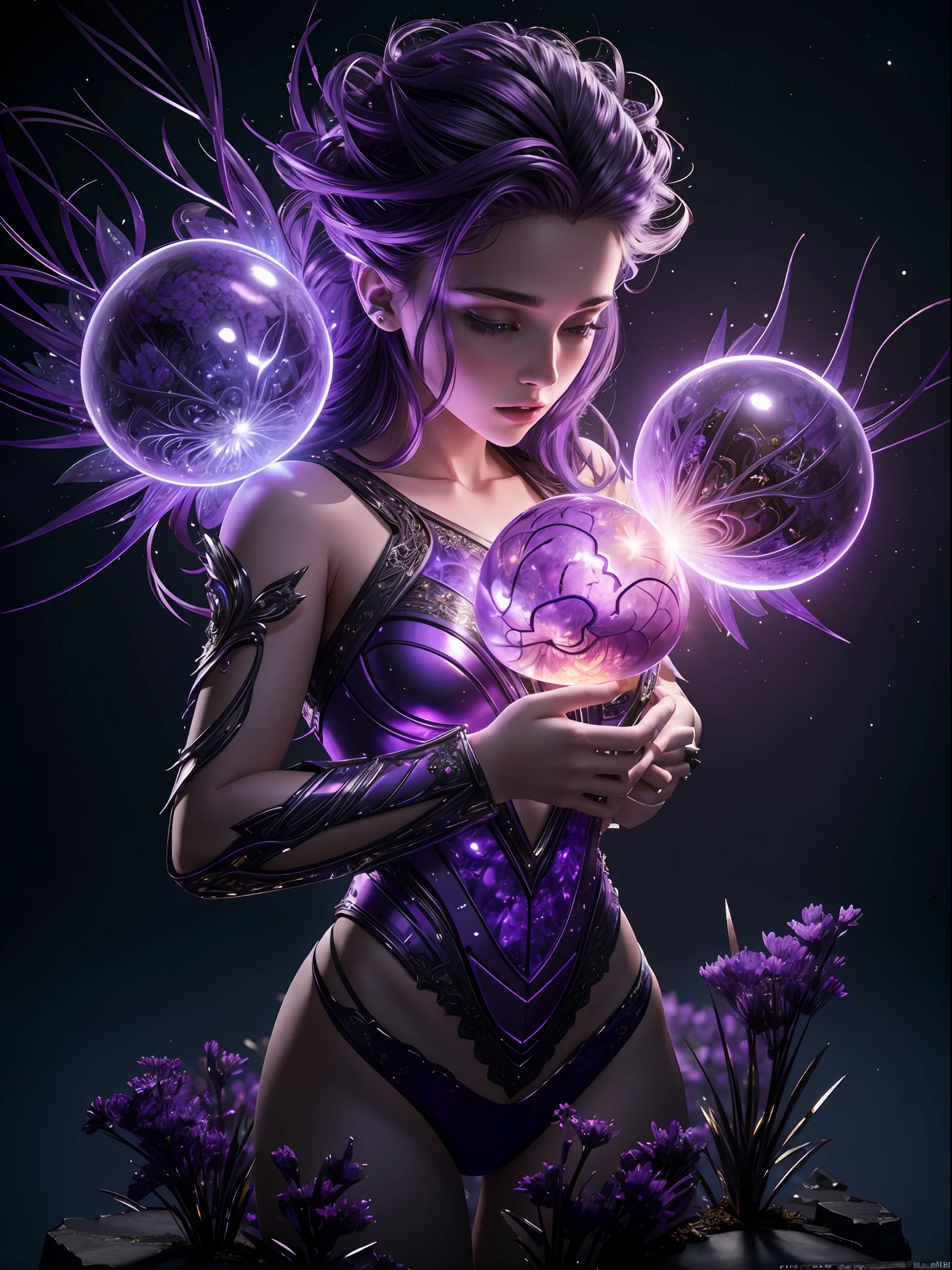 Incredible and spectacular scenes, ((high quality)), ((detailed)), ((fantasy)), "purple plasma brain, purple plasma body, realistic, best quality, 4K, flowers trapped in blisters at the top realistic, (handsome ager and beautiful girl hugging), full body portrait", image quality (3D rendering effect) , exquisite details,