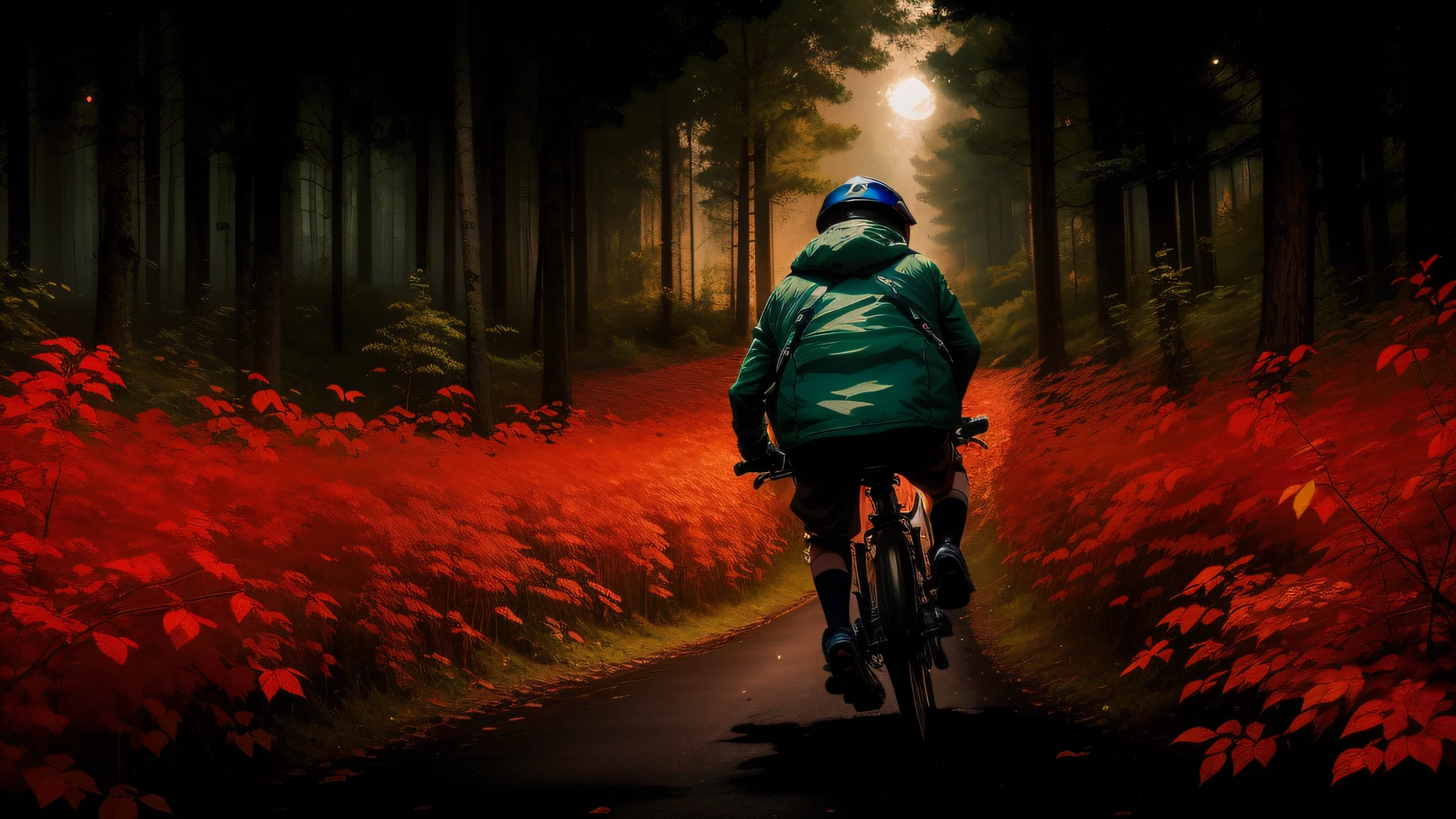 Boy on bike, forest at night --auto --s2