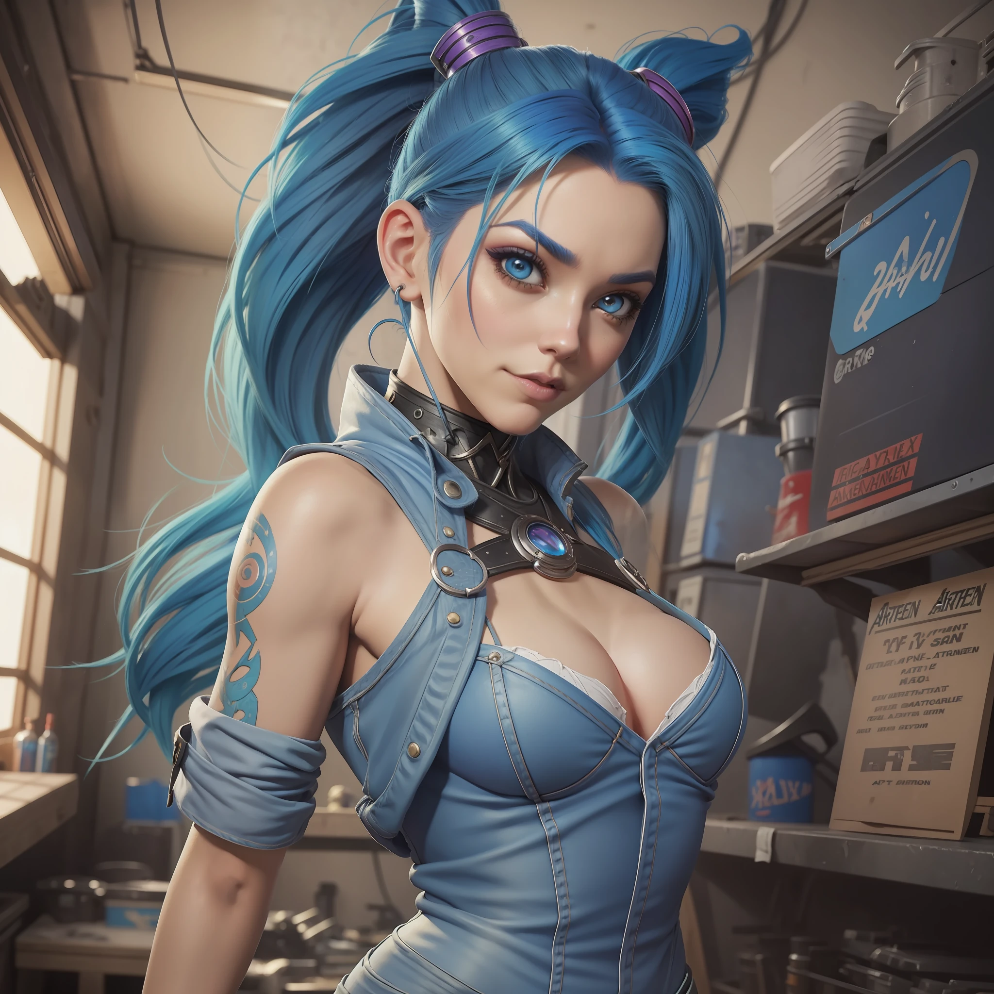 araffe with blue hair and blue jeans posing in a garage, extremely detailed artgerm, ig model | artgerm, style artgerm, in the style artgerm, portrait of jinx from arcane, style of artgerm, drawn in the style of artgerm, artgerm style, artgerm julie bell beeple