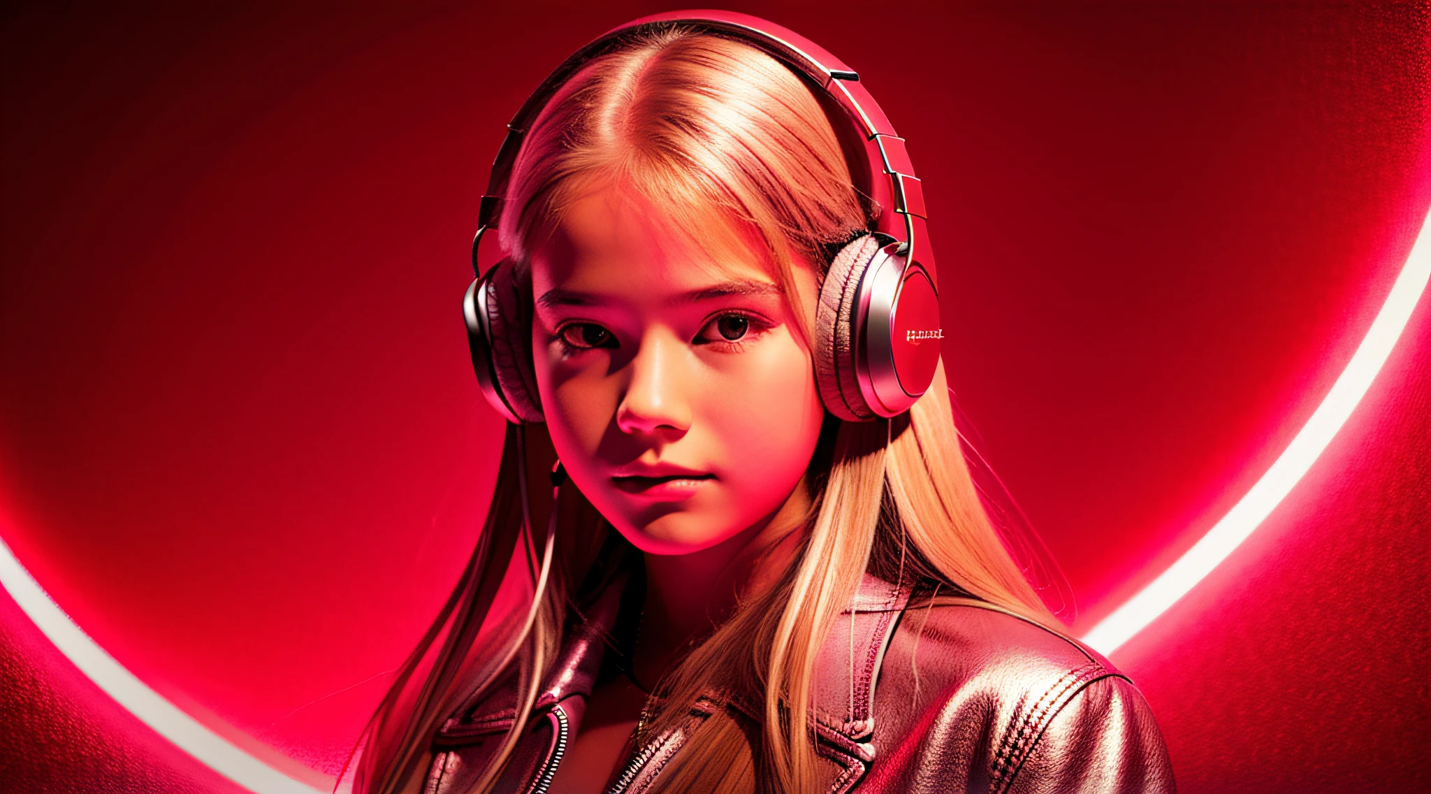 GIRL , RUSSIAN BLONDE long hair and headphones, portrait, SILVER LEATHER JACKET, VINYL AND CDS red background. --auto --s2