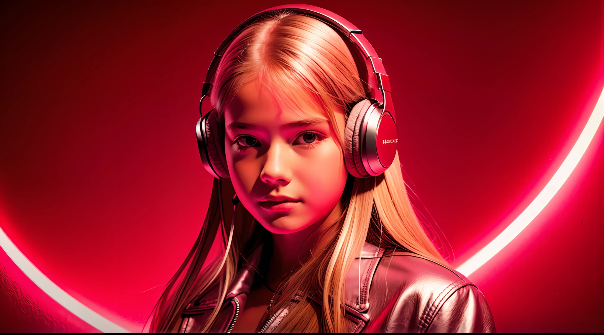 GIRL child 12 years old, RUSSIAN BLONDE long hair and headphones, portrait, SILVER LEATHER JACKET, VINYL AND CDS red background. --auto --s2