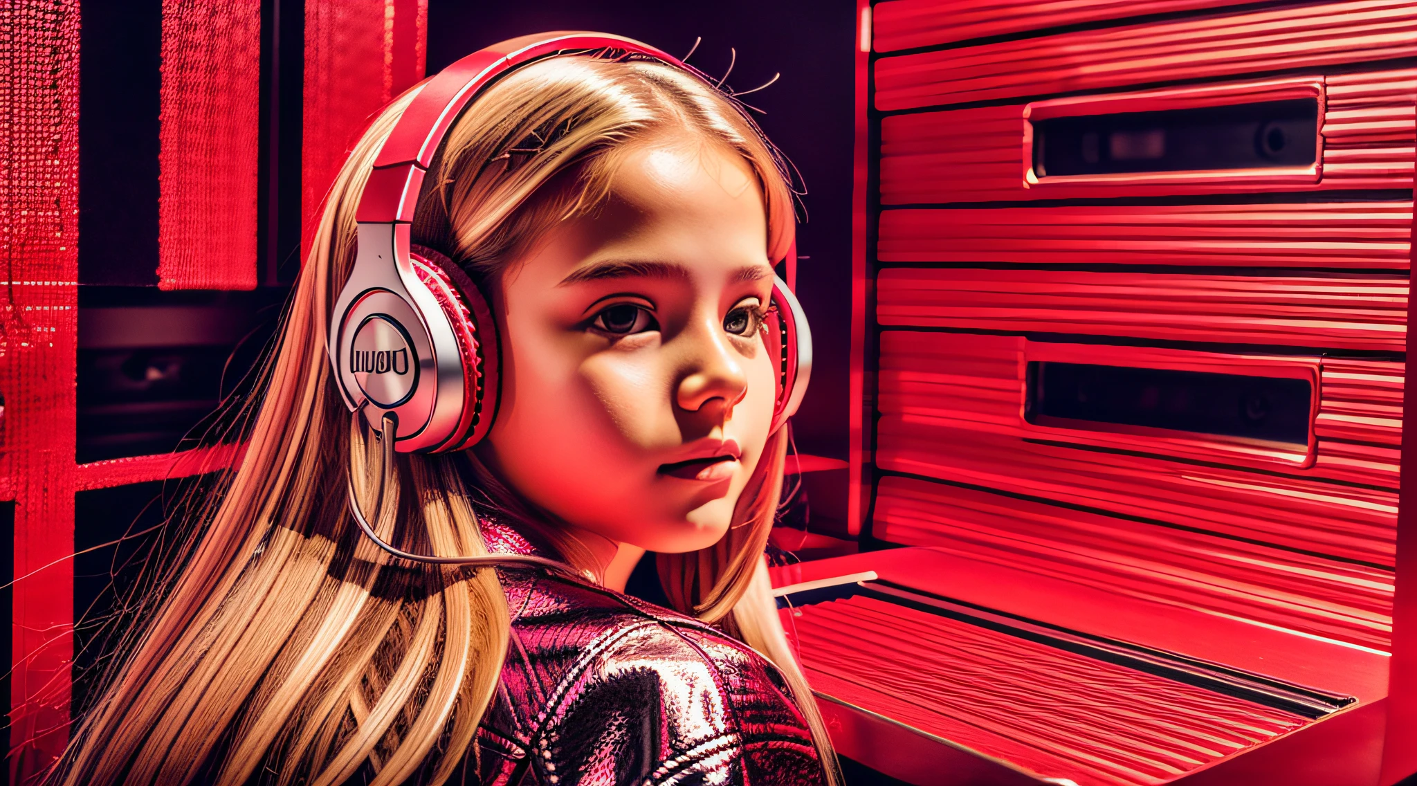 GIRL child 12 years old, RUSSIAN BLONDE long hair and headphones, portrait, SILVER LEATHER JACKET, VINYL AND CDS red background. --auto --s2