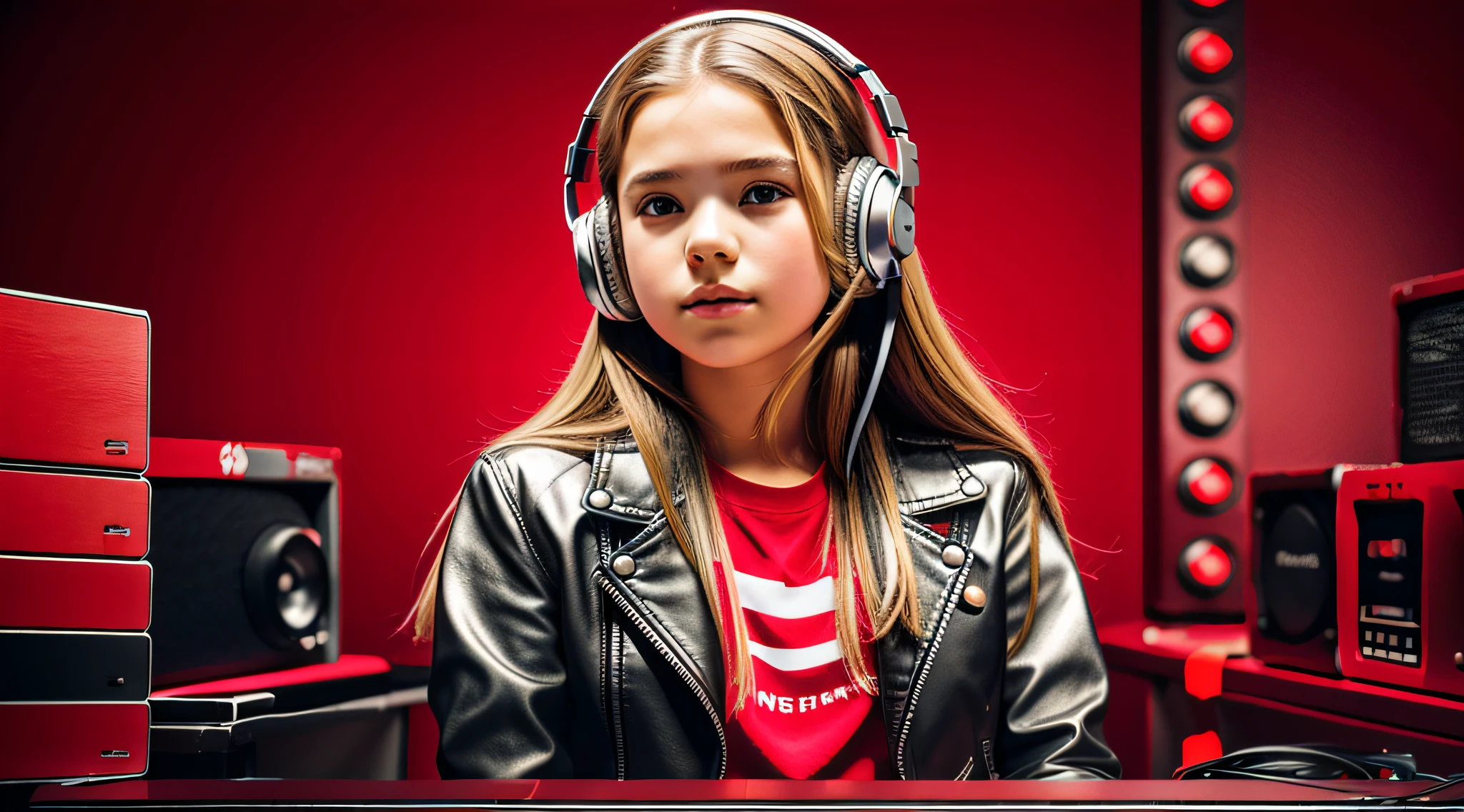 GIRL child , RUSSIAN BLONDE long hair and headphones, portrait, SILVER LEATHER JACKET, VINYL AND CDS red background. --auto --s2