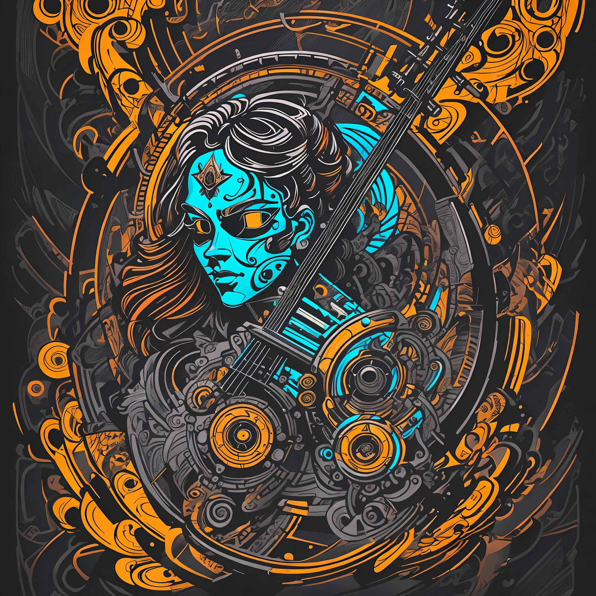 /t-shirt art, 2D, ((black background: 1, 5)), vector, vivid colors, A dystopian violinist playing, masterpiece, best quality, intricate details, perfect symmetrical face, rock and rool theme, rim light, moonlight, cinematic shading, Greg Rutkowisk --auto --s2