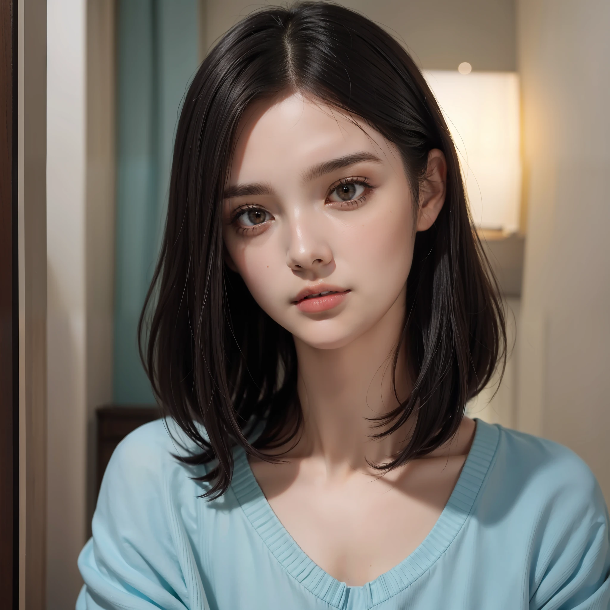 Close-up of the face of a beautiful girl with round face Hair is a short bob