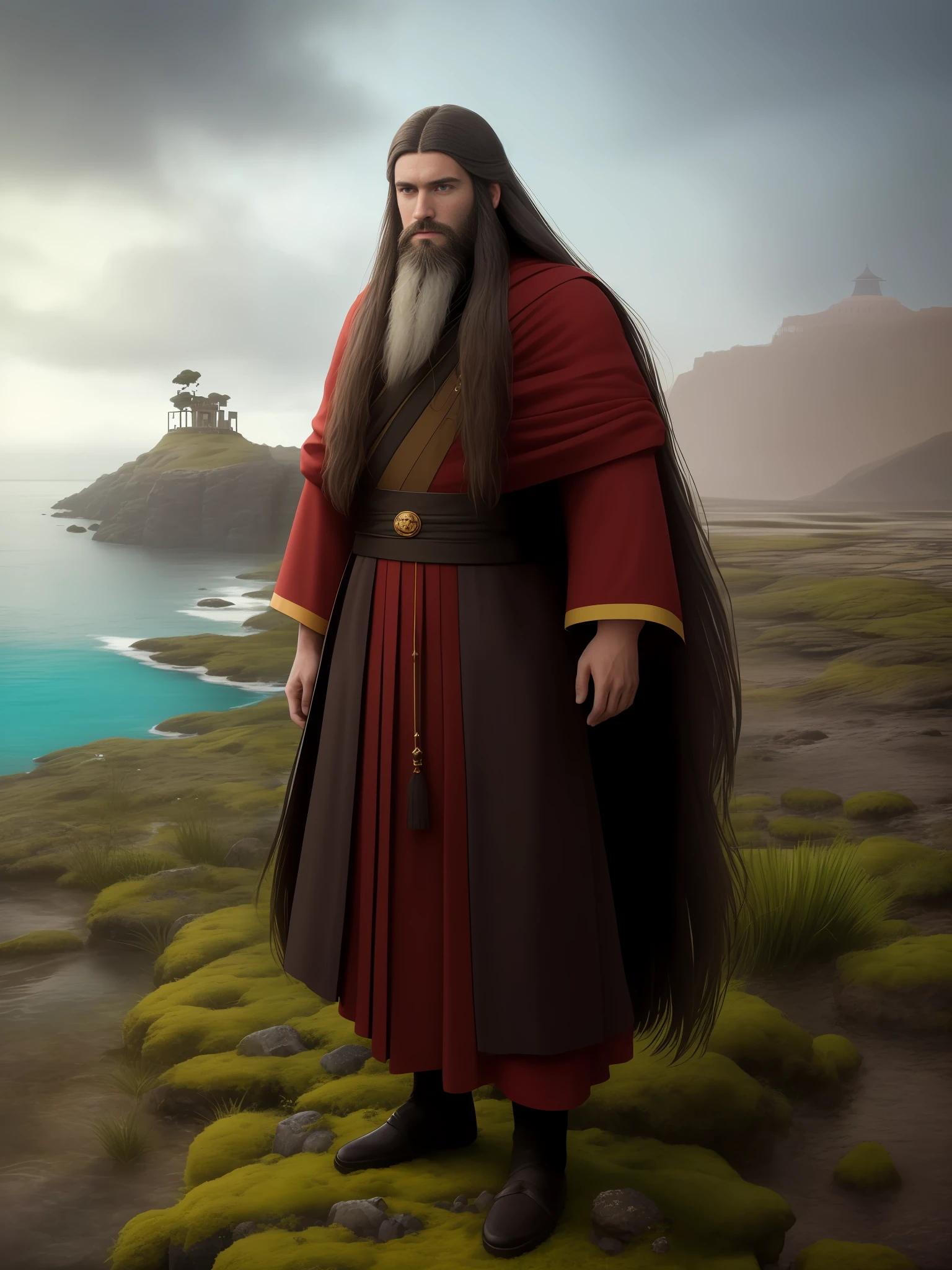 a closeup of a man with long hair and beard standing in front of the great red sea,crossing, mosses, damp, inspired by Moses van Uyttenbroeck, movies, mobeus, album cover, monks, modest!, moss, by Luis Molinari, moss, official art, youtube miniature, by Miklós Borsos, album cover!