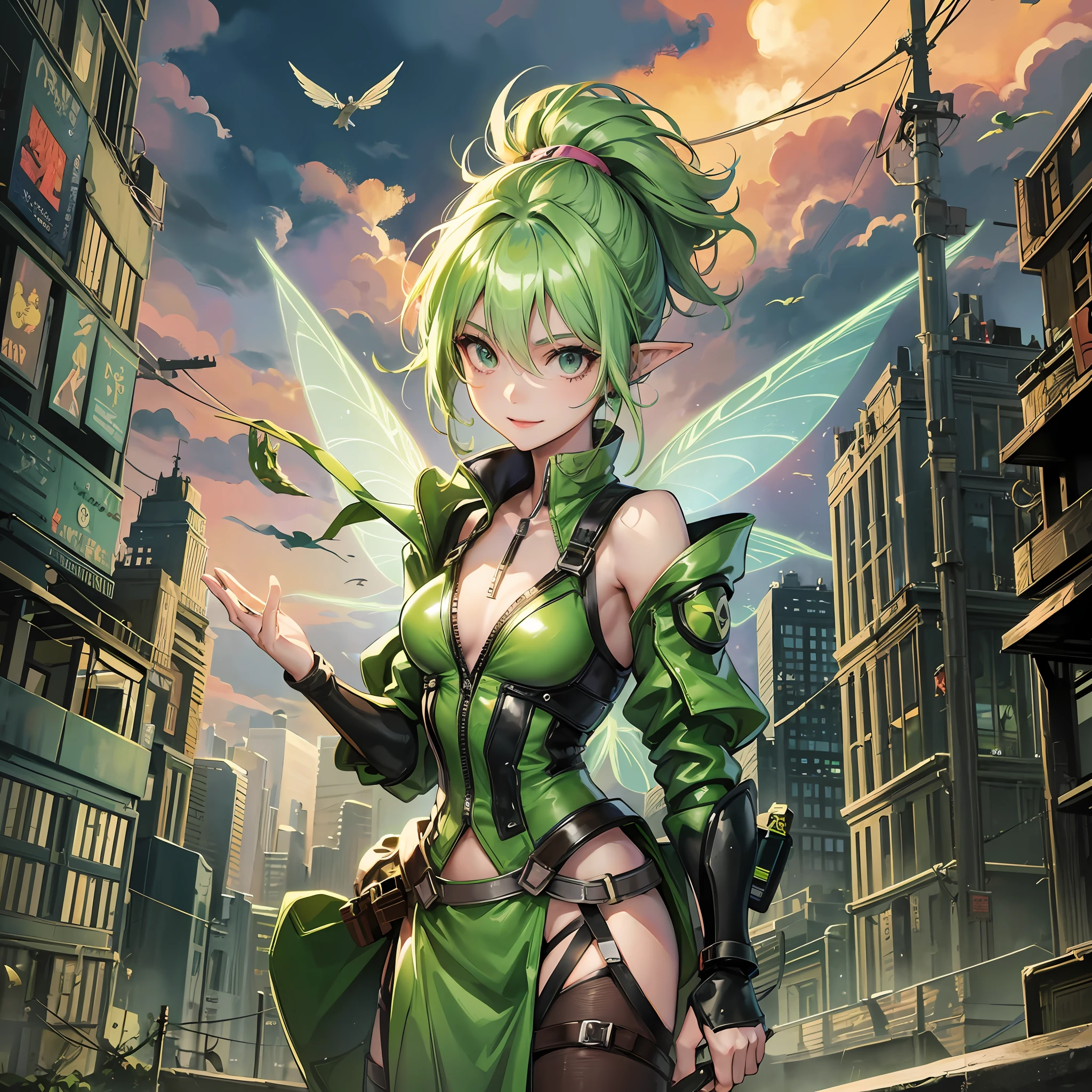 Draw a pixie fairy, woman, muscular, in a post apocalyptic world, with lime green hair, anime style. She has bettle wings, small clothes but using a bulletproof vest. Smiling, floating in the air, in the dawn. --auto --s2