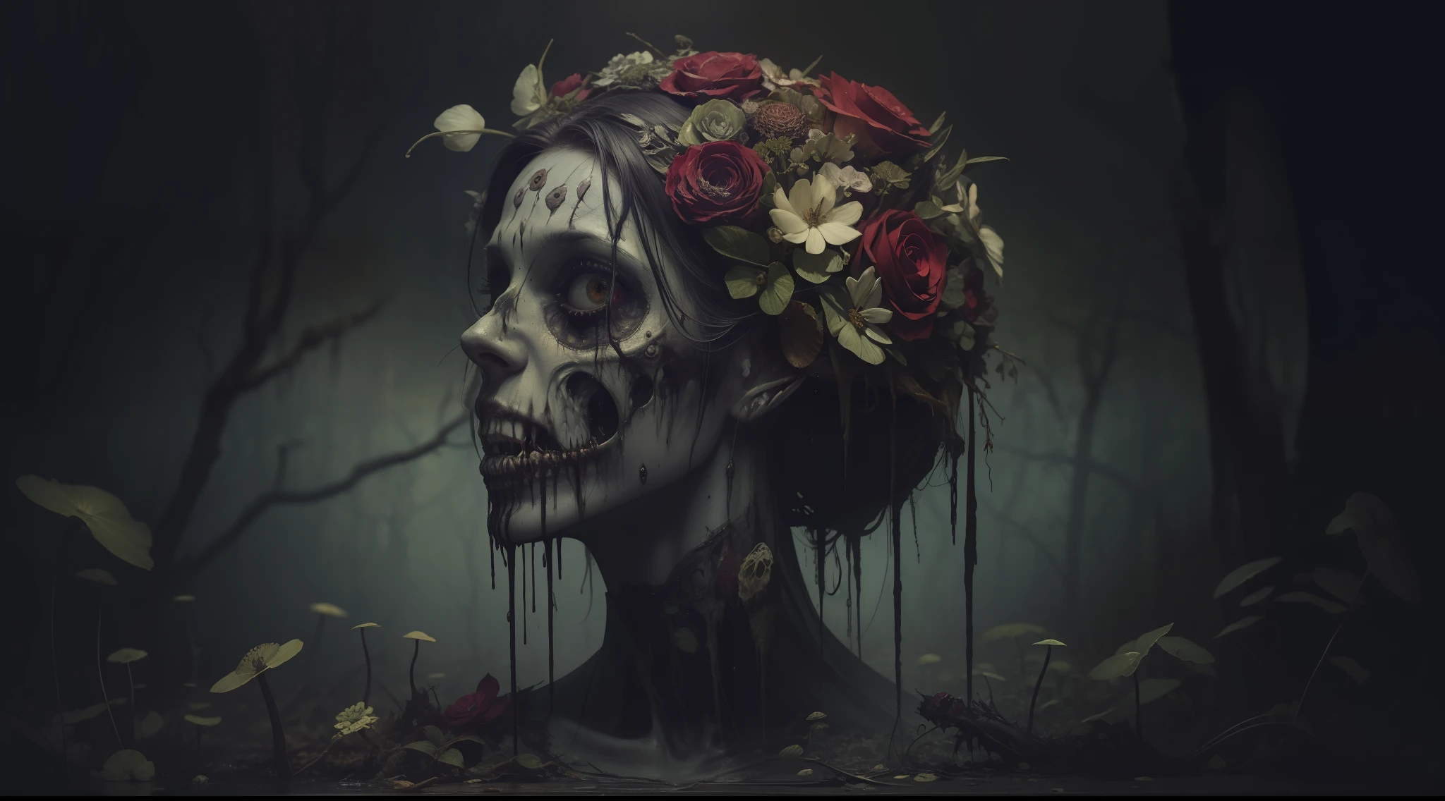 award-winning photo from the waist up, an extremely disturbing horror photograph of an undead zombie made of nature and decaying flowers and fungi, hyperrealism, strong impressionist painting style, 1,618, elegant, ethereal, intricate, elaborate, hyper-realism, hyper-detailed, strong expressiveness and emotionality, cinematic lighting, visual clarity