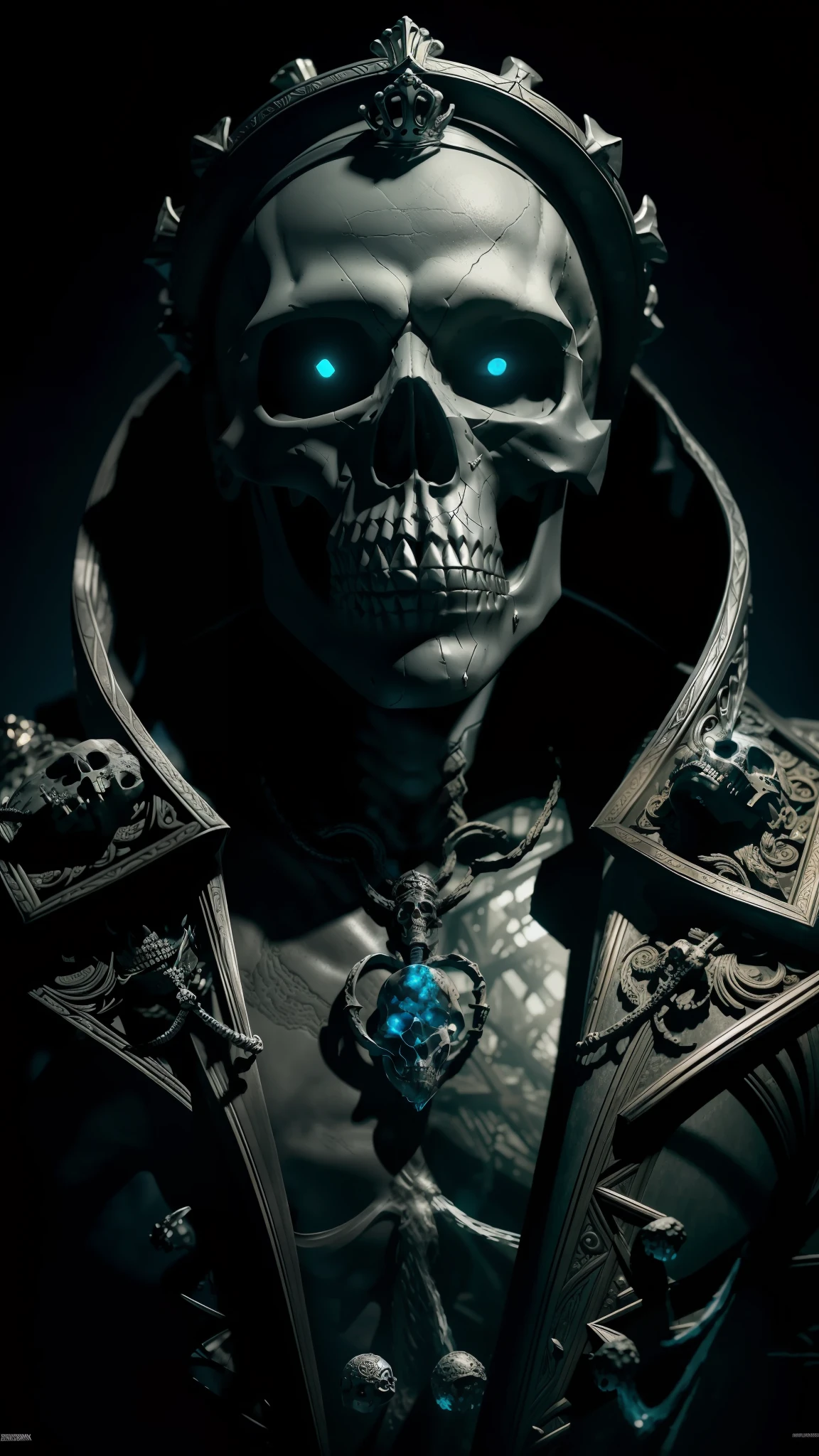 masterpiece, best quality, intricate details, absurd, a skeletonized man with pieces of flesh hanging from his bones, his skull is covered in stones and ice, intricate sculpture, wearing a face mask, bright eye sockets, wearing a frozen blue crown, chromatic aberration, depth of field, professional photography, soft lighting, mapped tone, highly detailed, sharp focus, dramatic lighting,   intricate, cinematic, 8K, amazing shadows, realistic, (highly black background with insane text: 1.0)