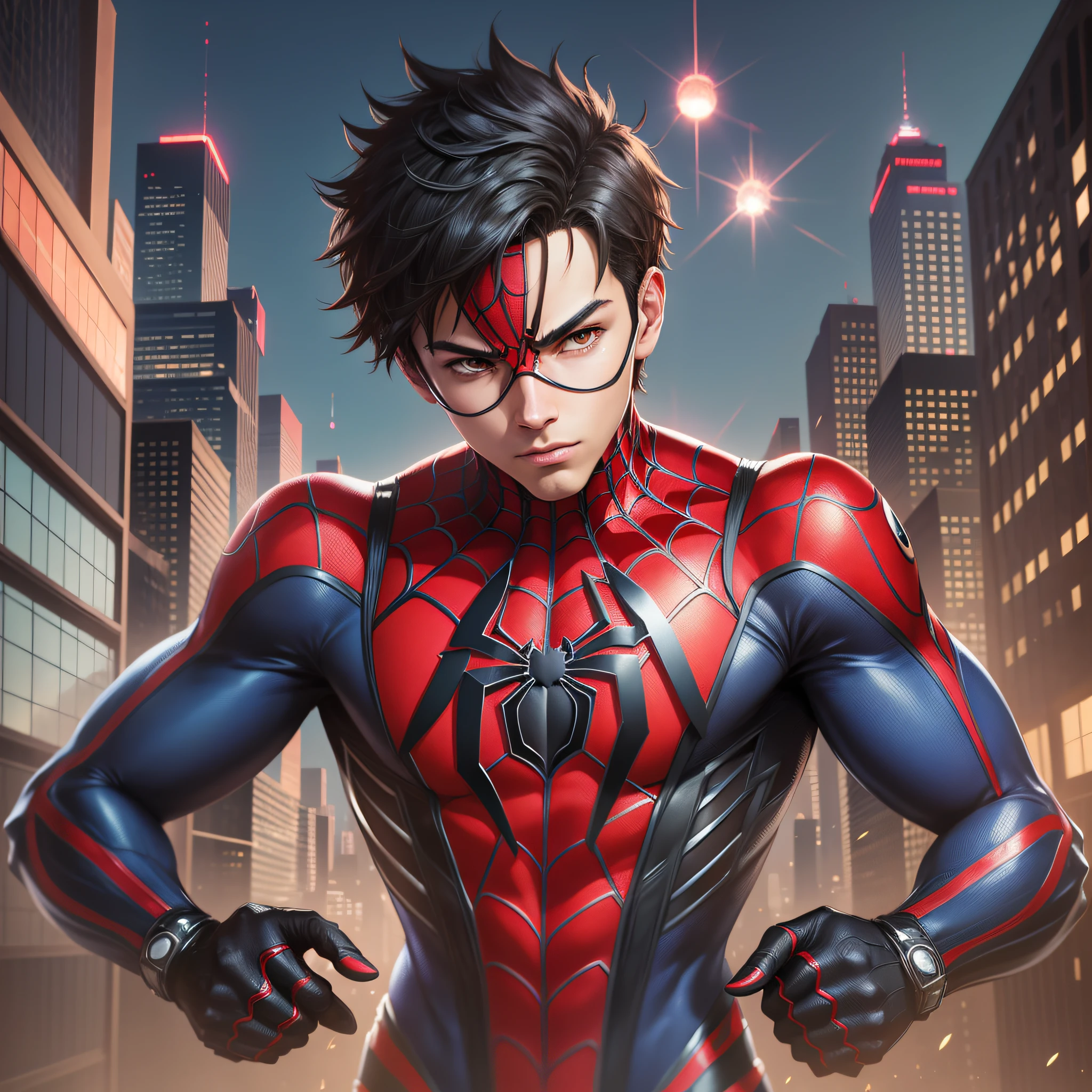 Anime style, male, Spider-Man costume Miles Morales, for Youtube profile picture, with chroma key background. --auto --s2